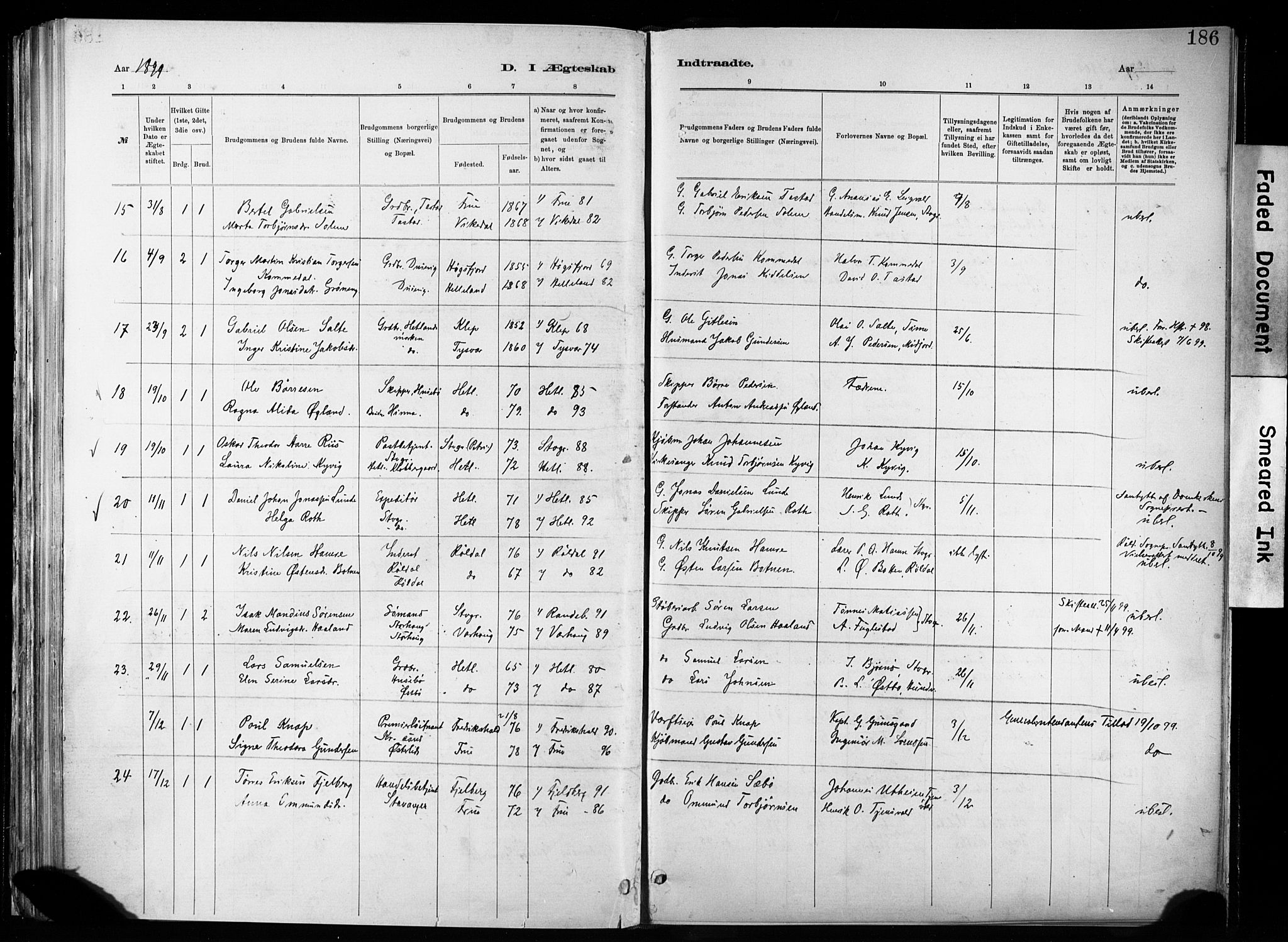 Hetland sokneprestkontor, AV/SAST-A-101826/30/30BA/L0011: Parish register (official) no. A 11, 1884-1911, p. 186