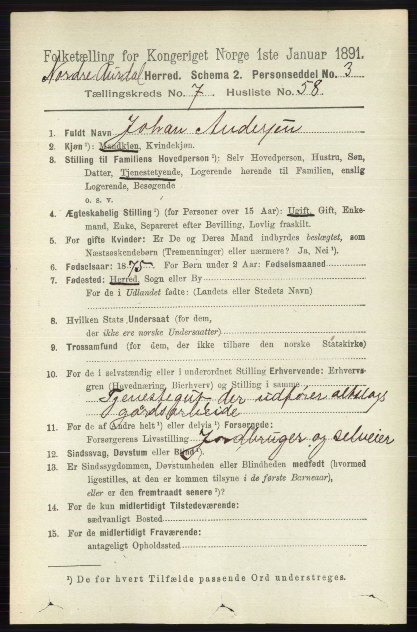 RA, 1891 census for 0542 Nord-Aurdal, 1891, p. 2693