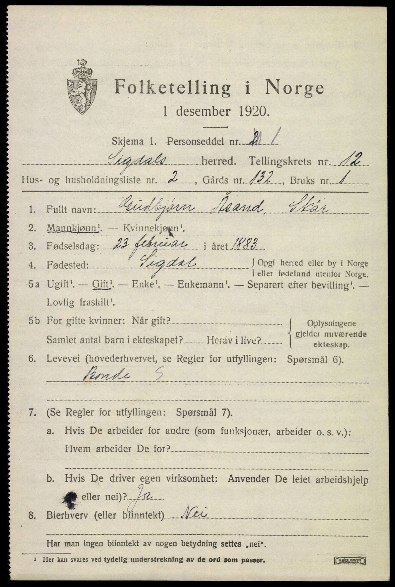 SAKO, 1920 census for Sigdal, 1920, p. 7644