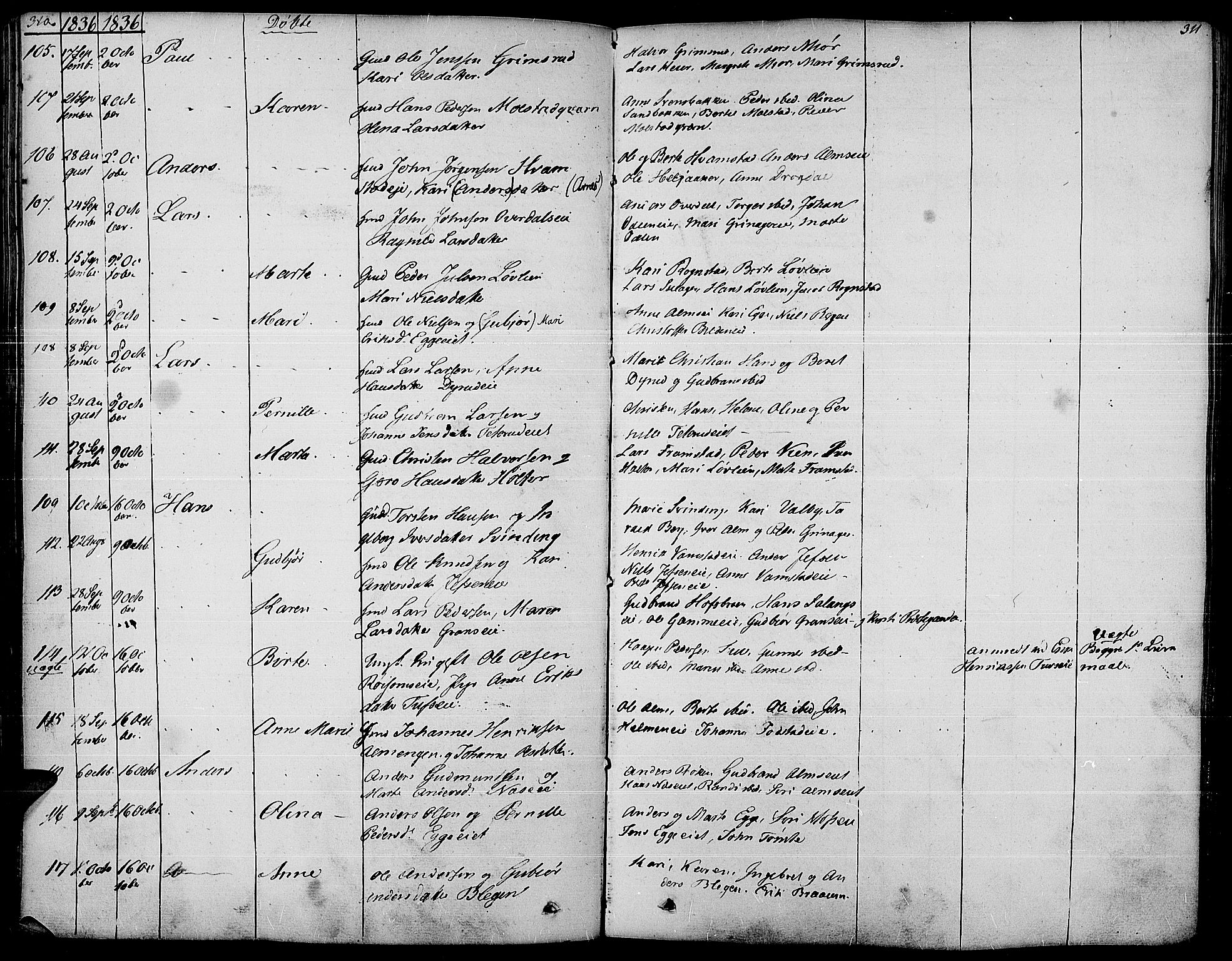 Gran prestekontor, AV/SAH-PREST-112/H/Ha/Haa/L0010: Parish register (official) no. 10, 1824-1842, p. 310-311