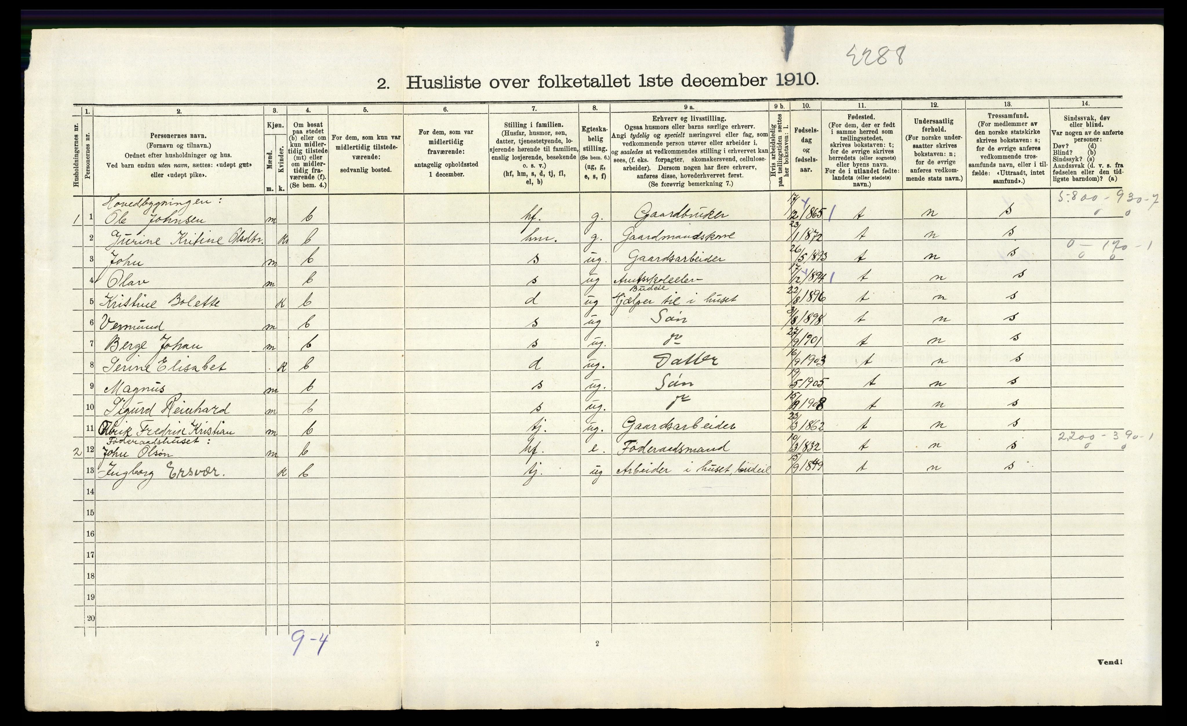 RA, 1910 census for Tysnes, 1910, p. 349