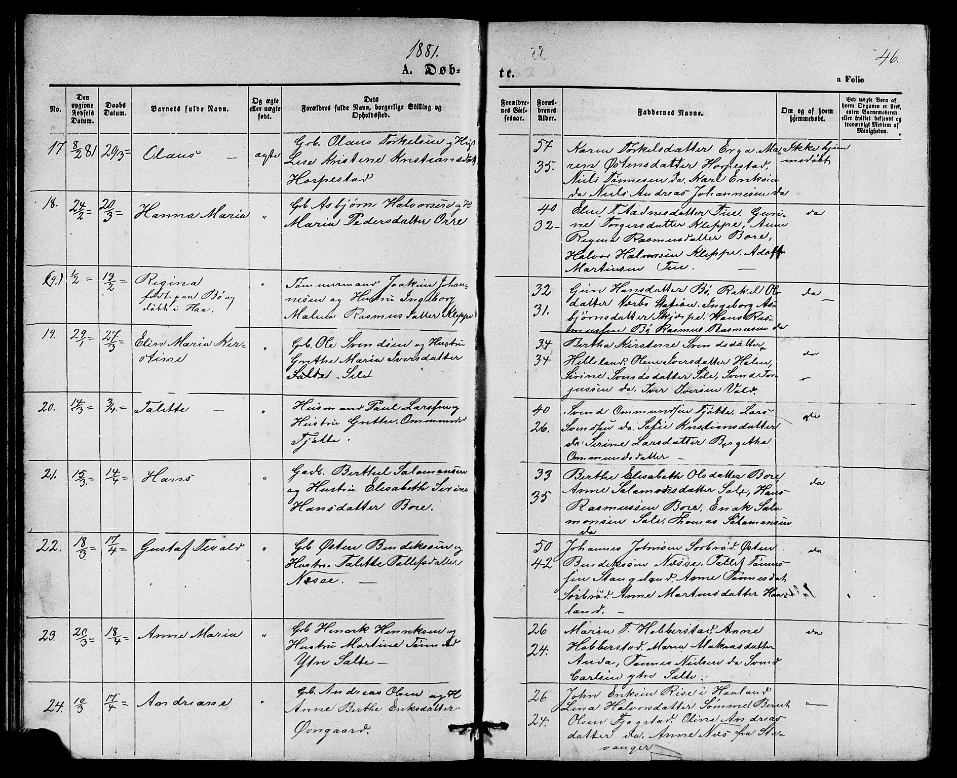 Klepp sokneprestkontor, AV/SAST-A-101803/001/3/30BB/L0003: Parish register (copy) no. B 3, 1876-1888, p. 46