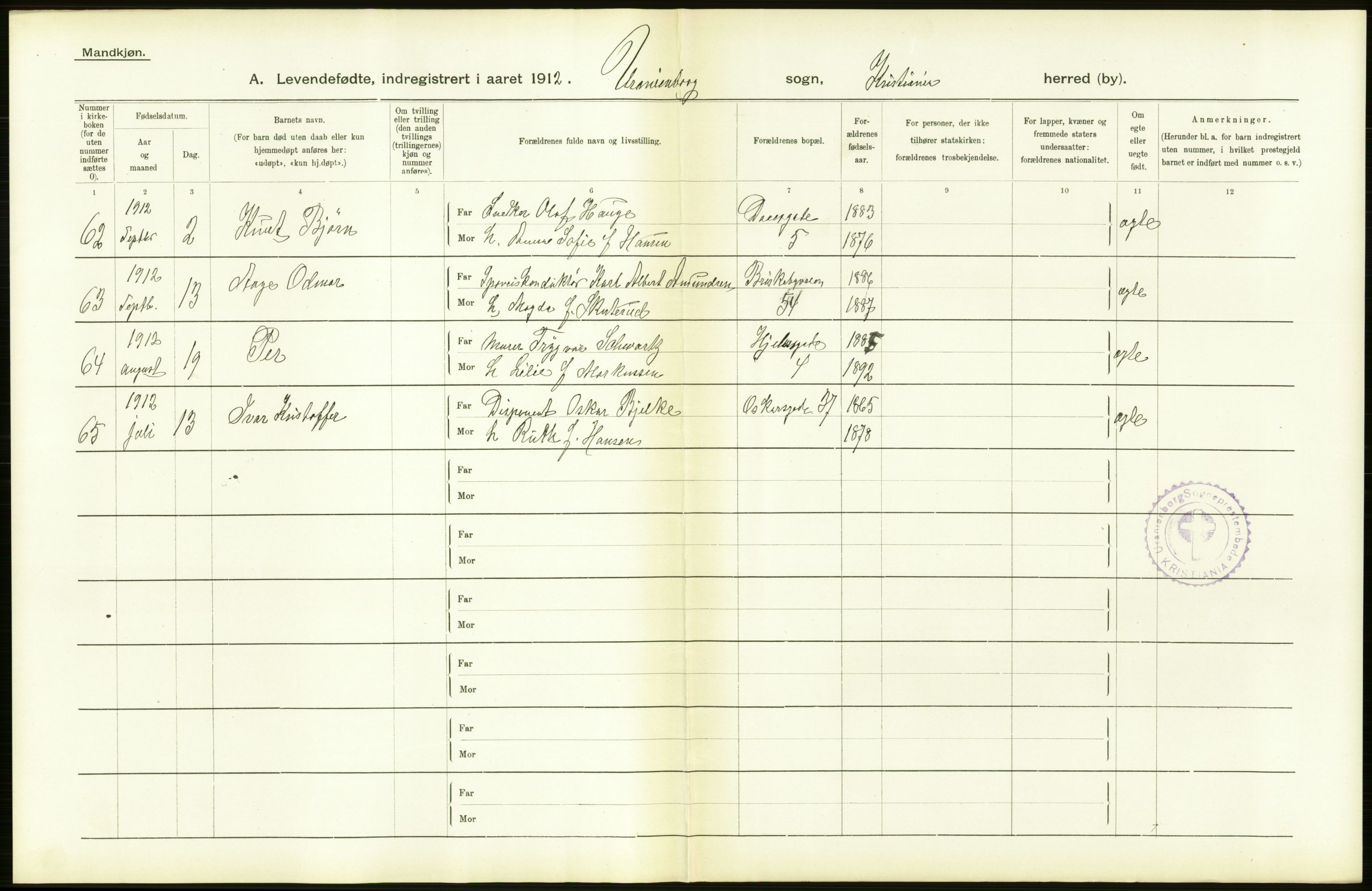 Statistisk sentralbyrå, Sosiodemografiske emner, Befolkning, RA/S-2228/D/Df/Dfb/Dfbb/L0007: Kristiania:  Levendefødte menn og kvinner., 1912, p. 572