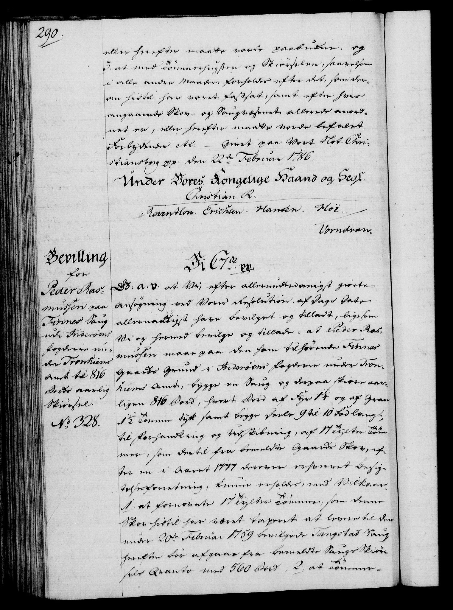Rentekammeret, Kammerkanselliet, RA/EA-3111/G/Gg/Gga/L0013: Norsk ekspedisjonsprotokoll med register (merket RK 53.13), 1784-1787, p. 290