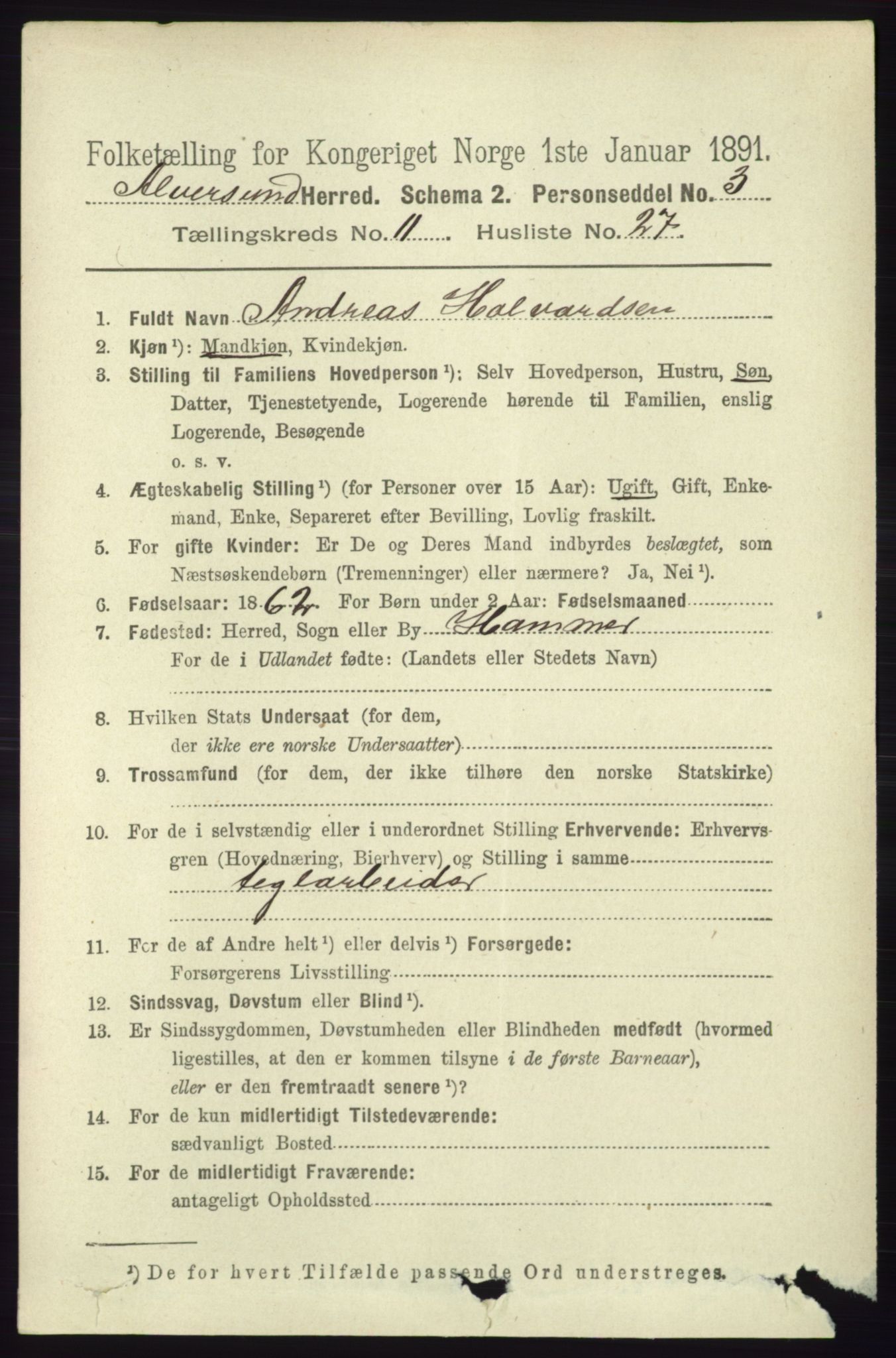 RA, 1891 census for 1257 Alversund, 1891, p. 3888