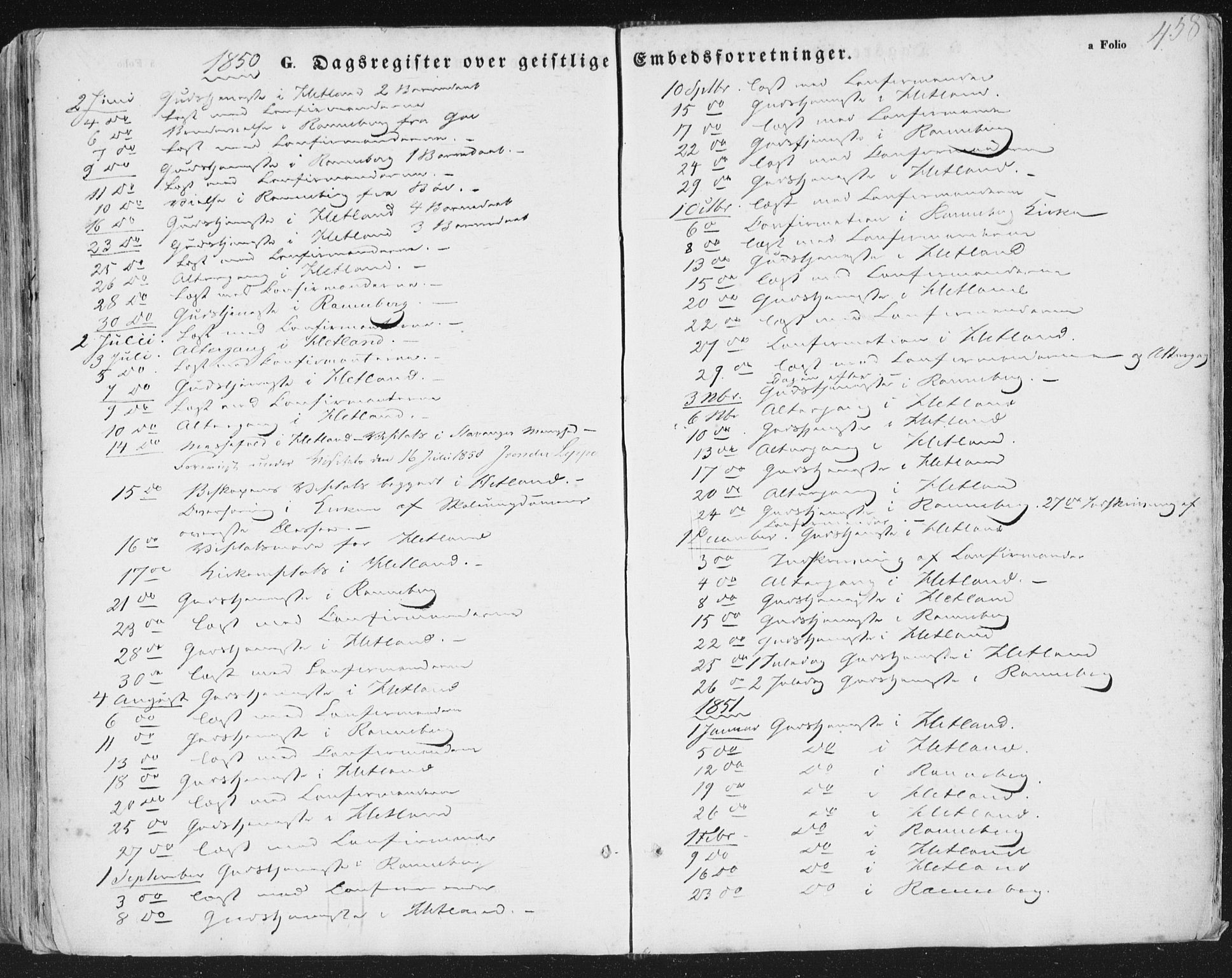 Hetland sokneprestkontor, AV/SAST-A-101826/30/30BA/L0002: Parish register (official) no. A 2, 1849-1869, p. 458