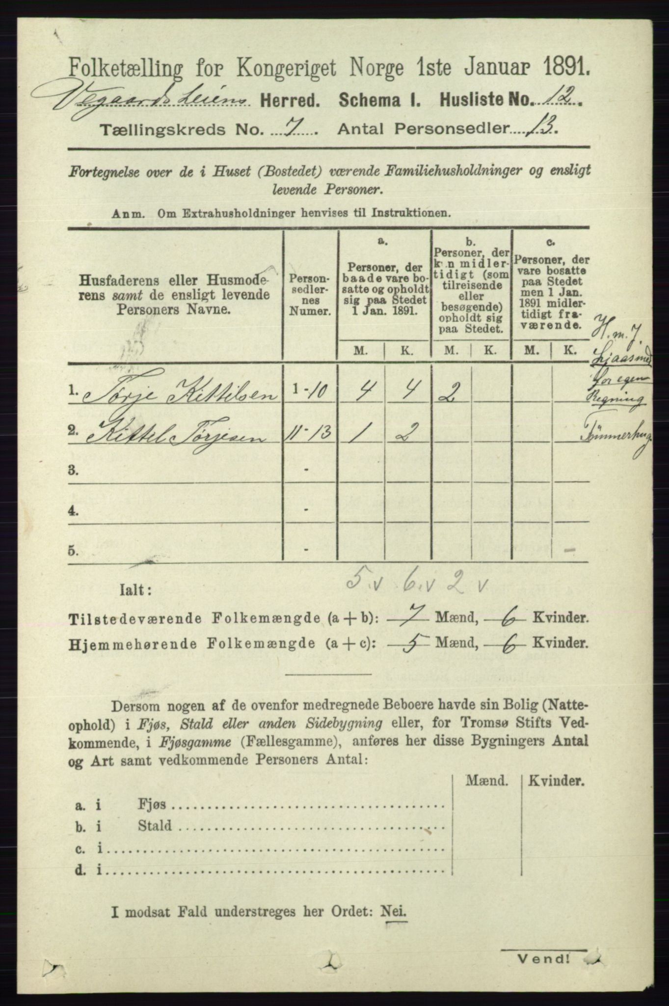 RA, 1891 census for 0912 Vegårshei, 1891, p. 1322