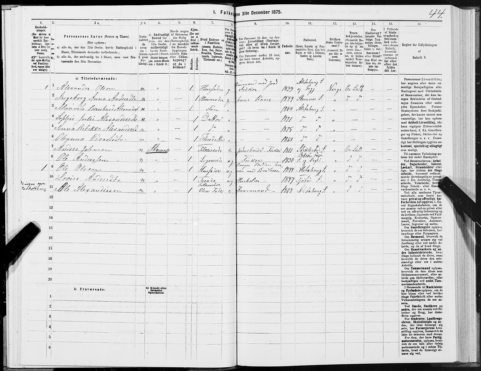 SAT, 1875 census for 1820P Alstahaug, 1875, p. 1044