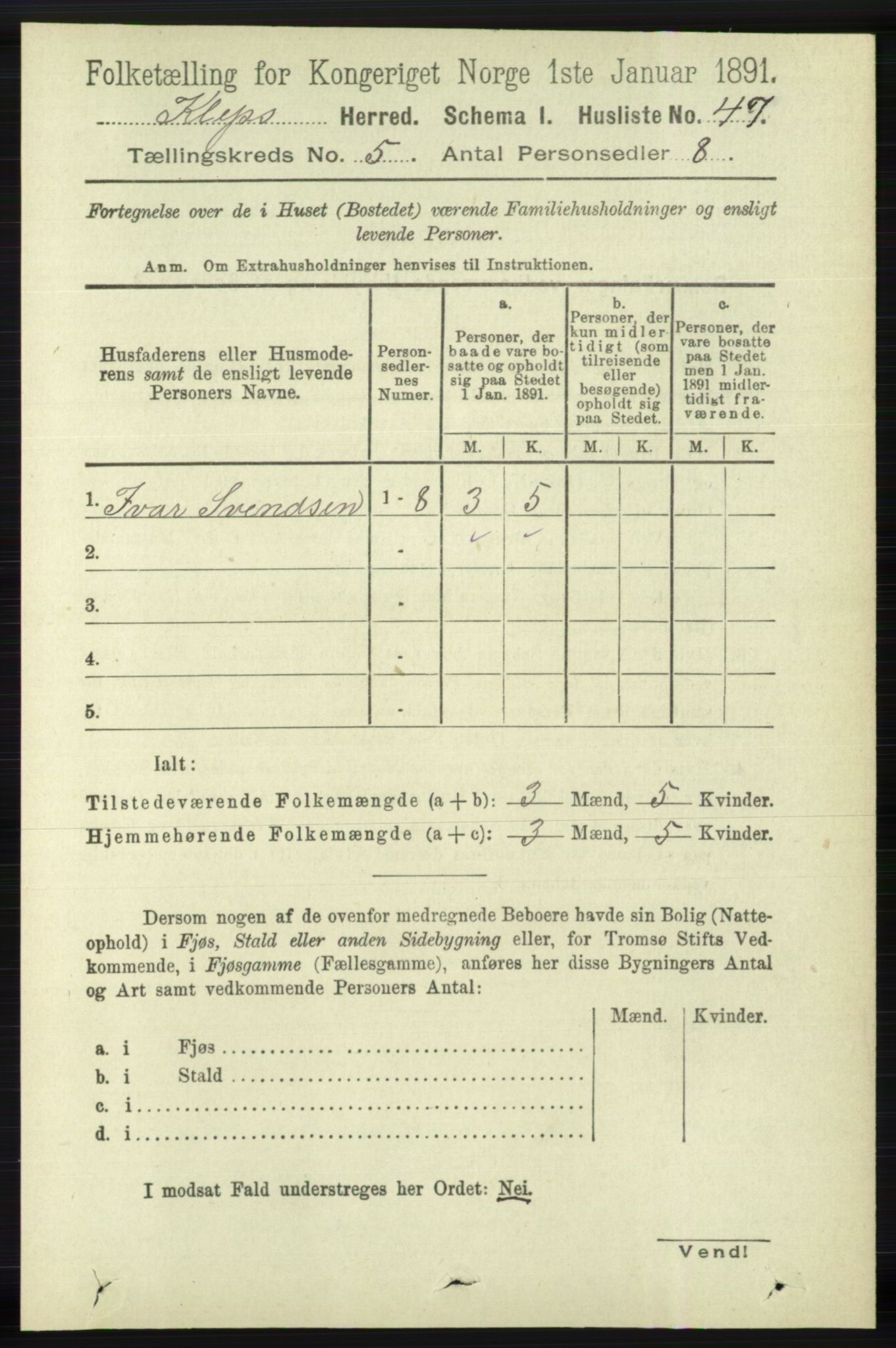 RA, 1891 census for 1120 Klepp, 1891, p. 1335