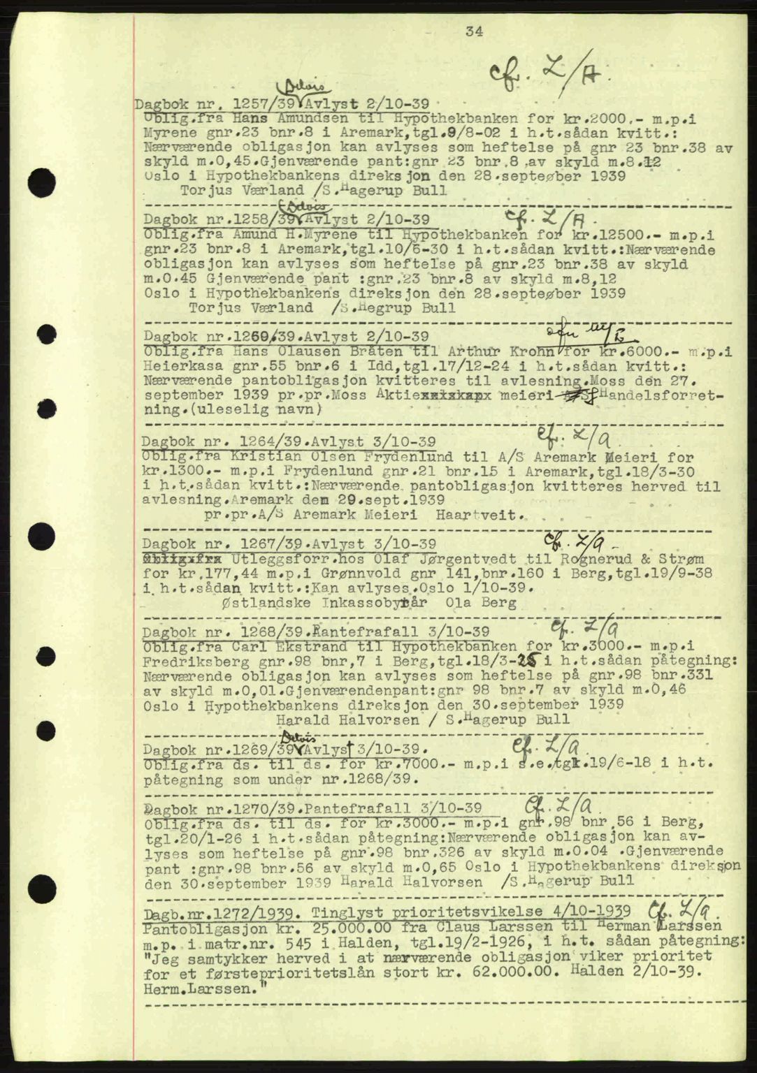 Idd og Marker sorenskriveri, AV/SAO-A-10283/G/Gb/Gbc/L0002: Mortgage book no. B4-9a, 1939-1945, Diary no: : 1257/1939