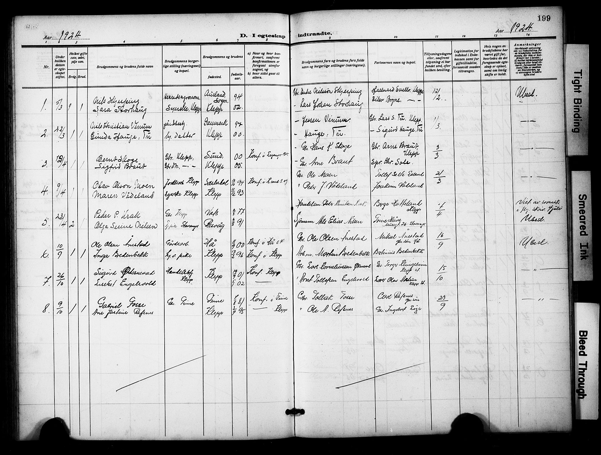 Klepp sokneprestkontor, SAST/A-101803/001/3/30BB/L0007: Parish register (copy) no. B 7, 1908-1934, p. 199