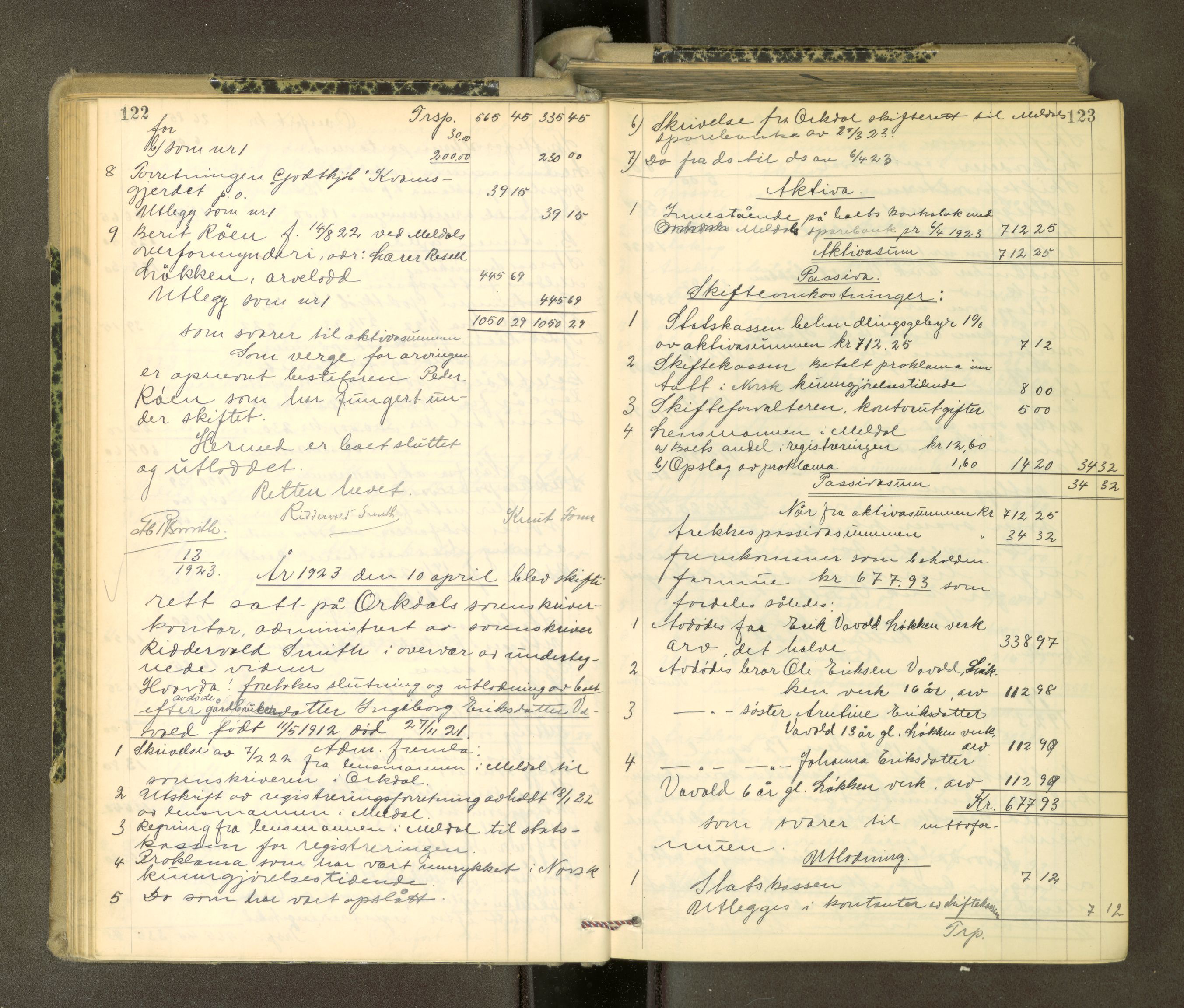 Orkdal sorenskriveri, AV/SAT-A-4169/1/3/3Aa/L0017: Skifteprotokoller, 1921-1929, p. 122-123