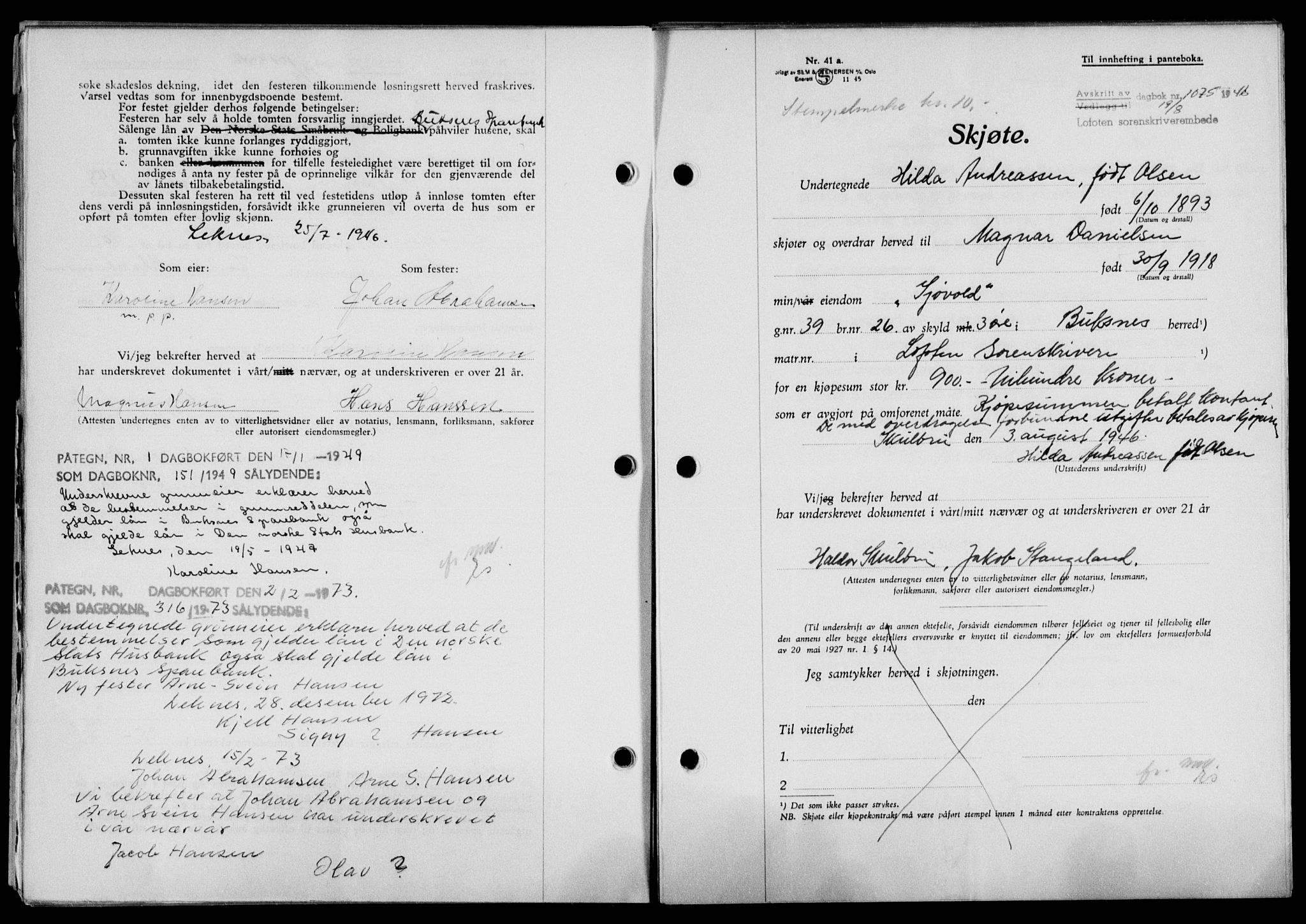 Lofoten sorenskriveri, SAT/A-0017/1/2/2C/L0014a: Mortgage book no. 14a, 1946-1946, Diary no: : 1075/1946