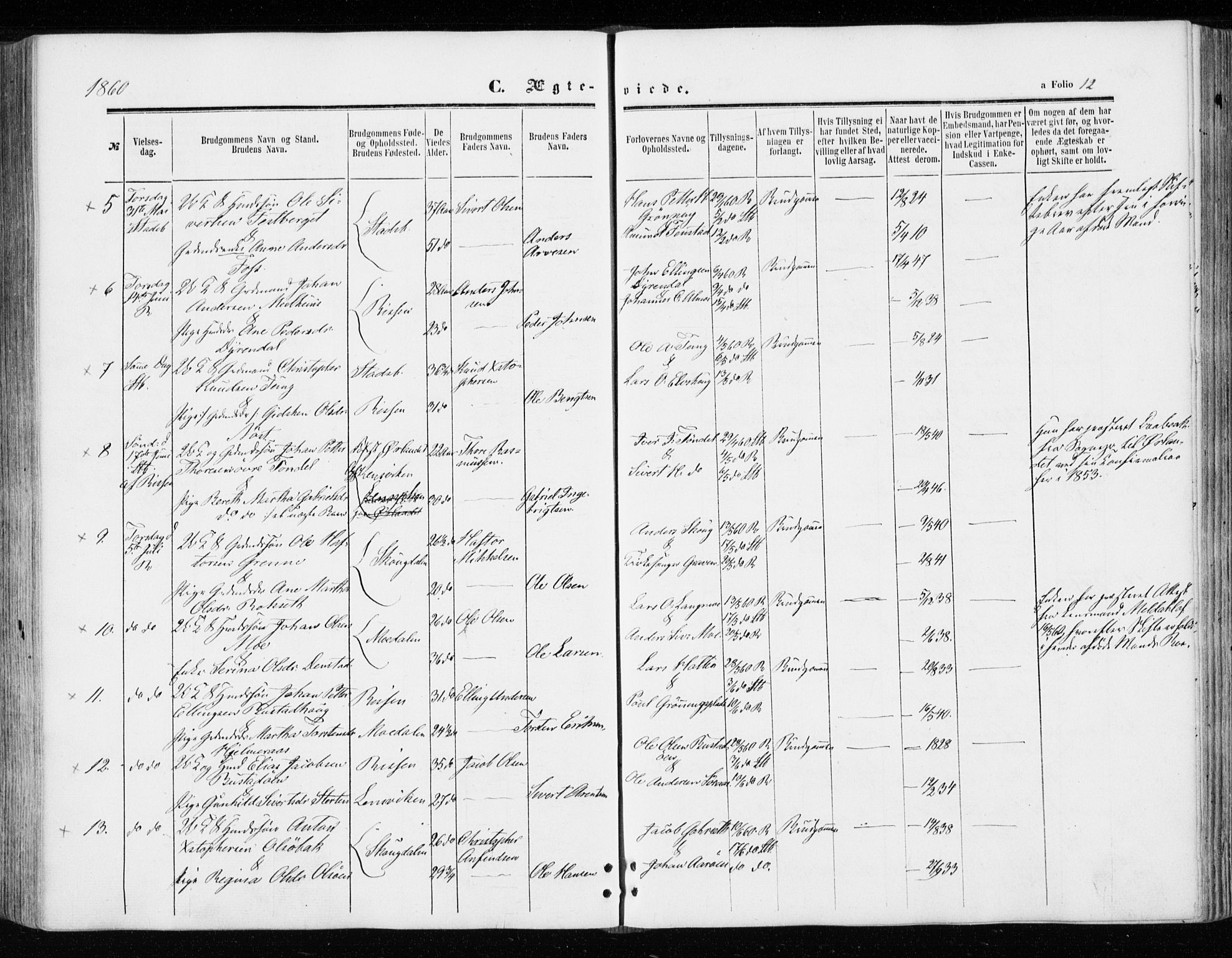 Ministerialprotokoller, klokkerbøker og fødselsregistre - Sør-Trøndelag, SAT/A-1456/646/L0612: Parish register (official) no. 646A10, 1858-1869, p. 12