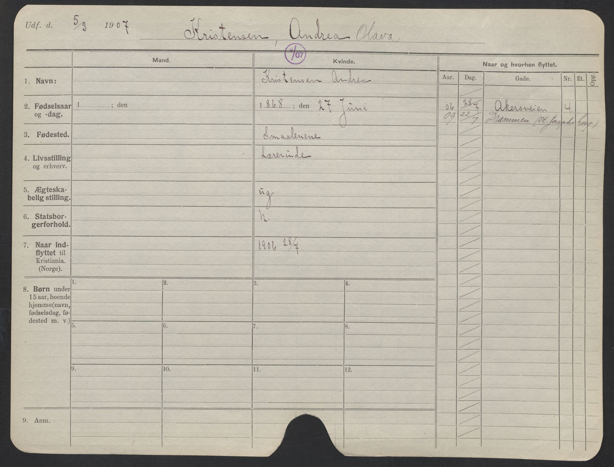 Oslo folkeregister, Registerkort, AV/SAO-A-11715/F/Fa/Fac/L0019: Kvinner, 1906-1914, p. 102a