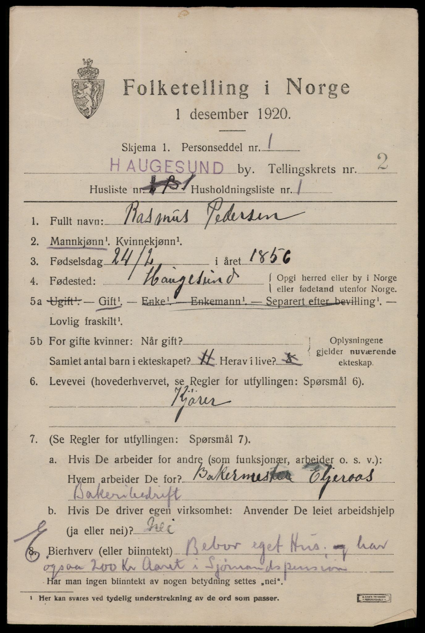 SAST, 1920 census for Haugesund, 1920, p. 12807