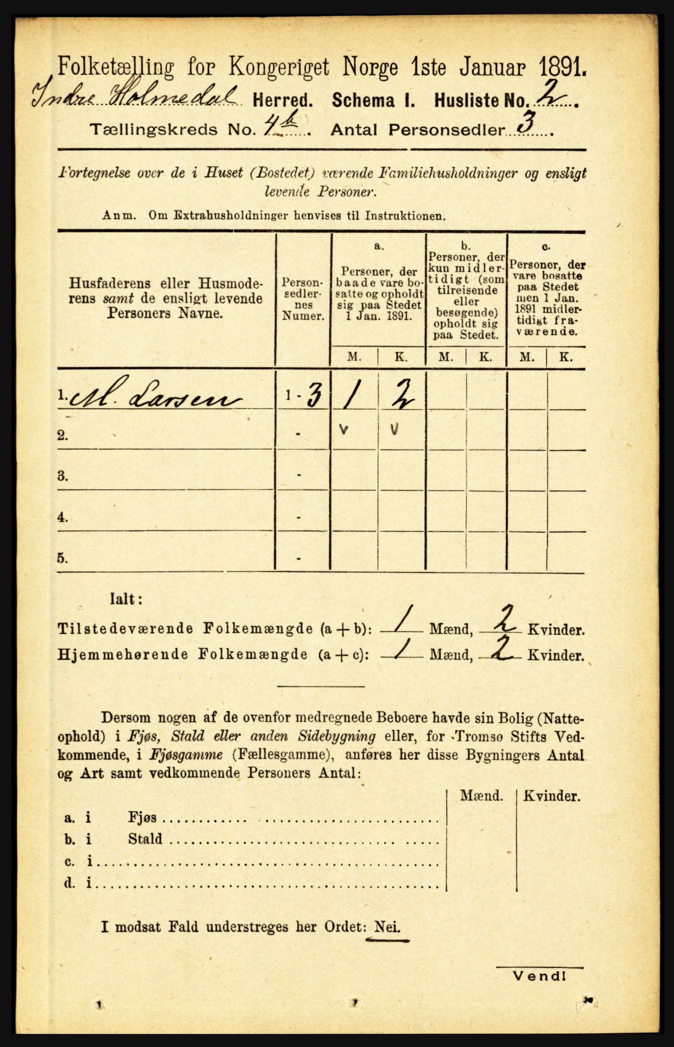 RA, 1891 census for 1430 Indre Holmedal, 1891, p. 1425