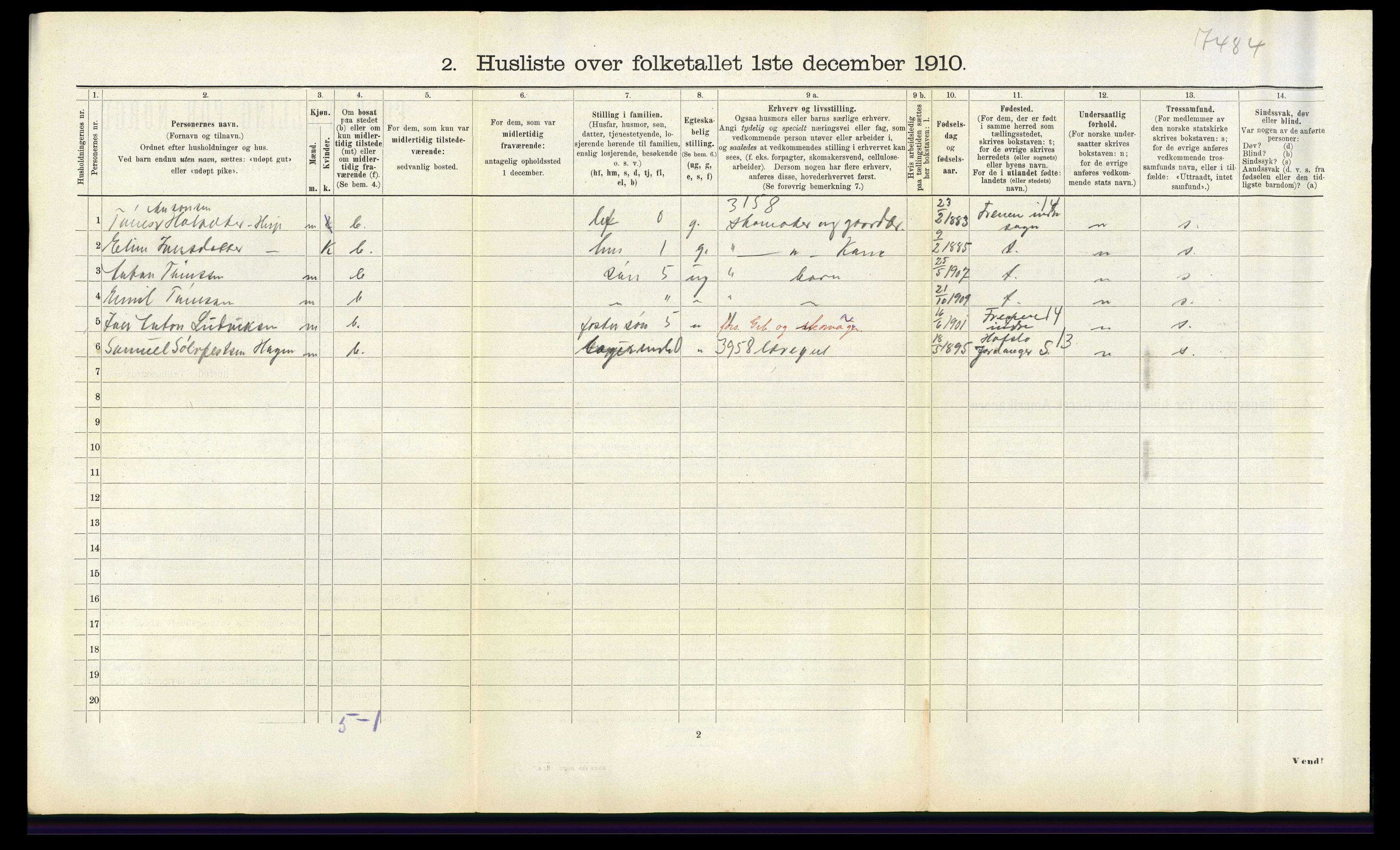 RA, 1910 census for Veøy, 1910, p. 485