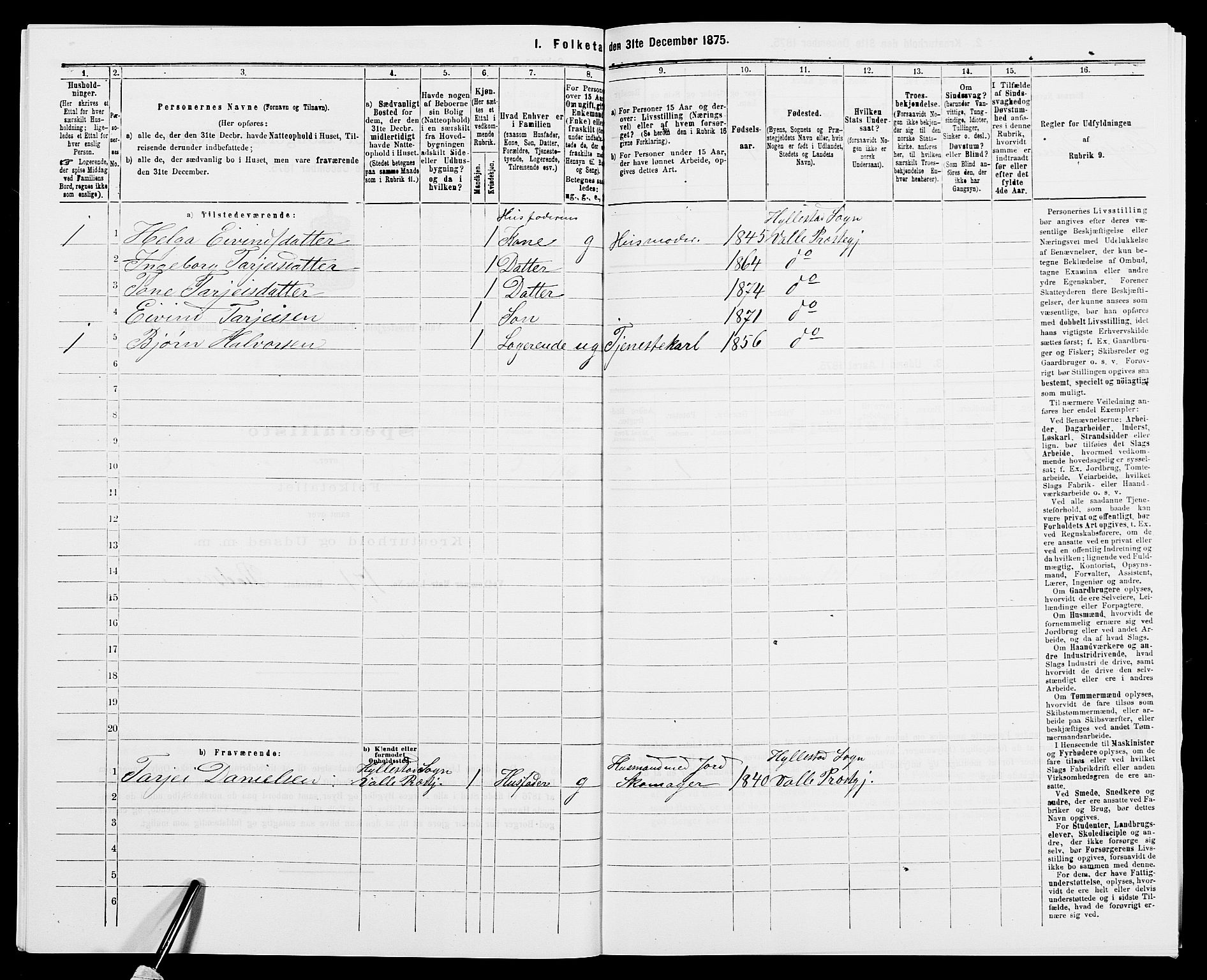 SAK, 1875 census for 0940P Valle, 1875, p. 160