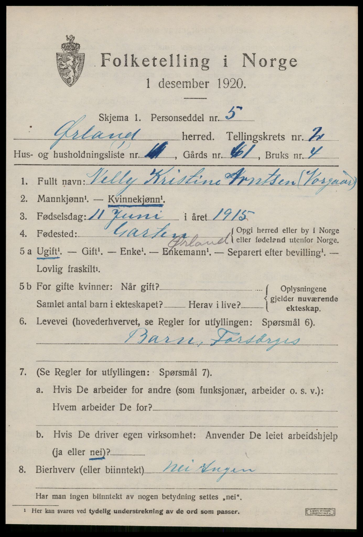 SAT, 1920 census for Ørland, 1920, p. 2235