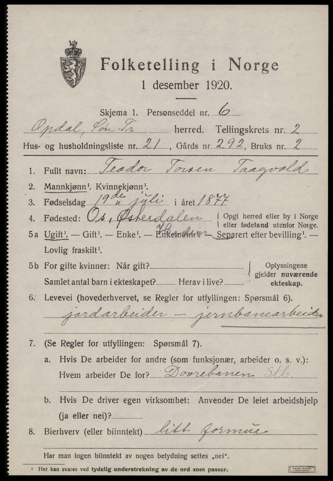 SAT, 1920 census for Oppdal, 1920, p. 2657