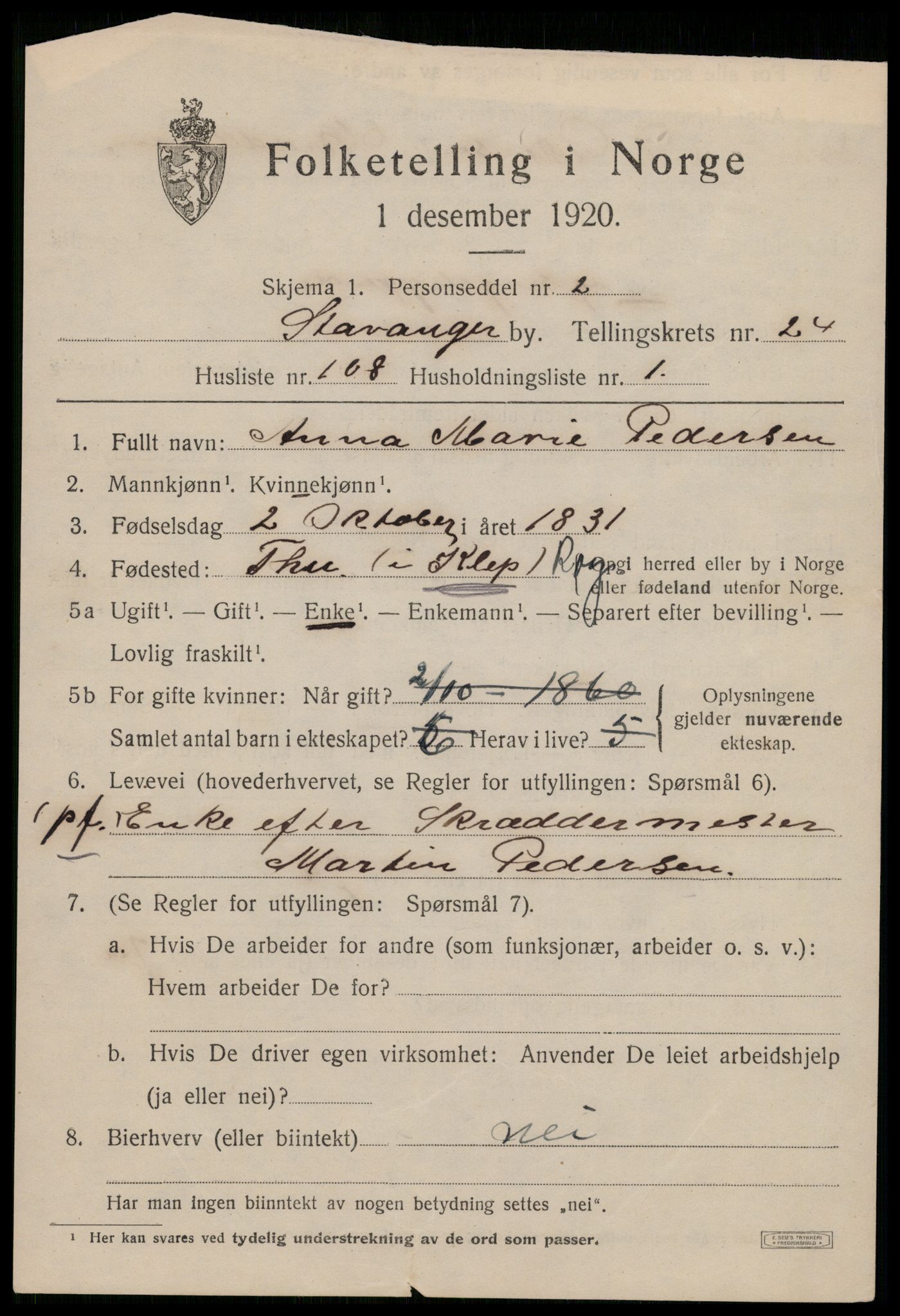 SAST, 1920 census for Stavanger, 1920, p. 77034