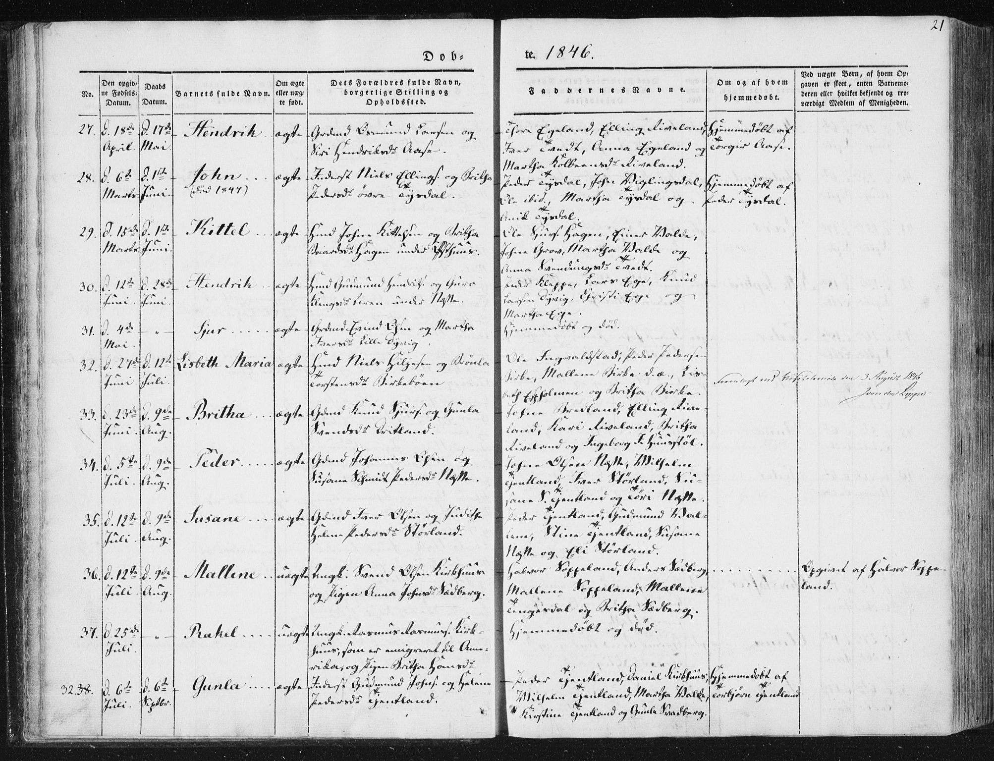 Hjelmeland sokneprestkontor, AV/SAST-A-101843/01/IV/L0008: Parish register (official) no. A 8, 1842-1861, p. 21