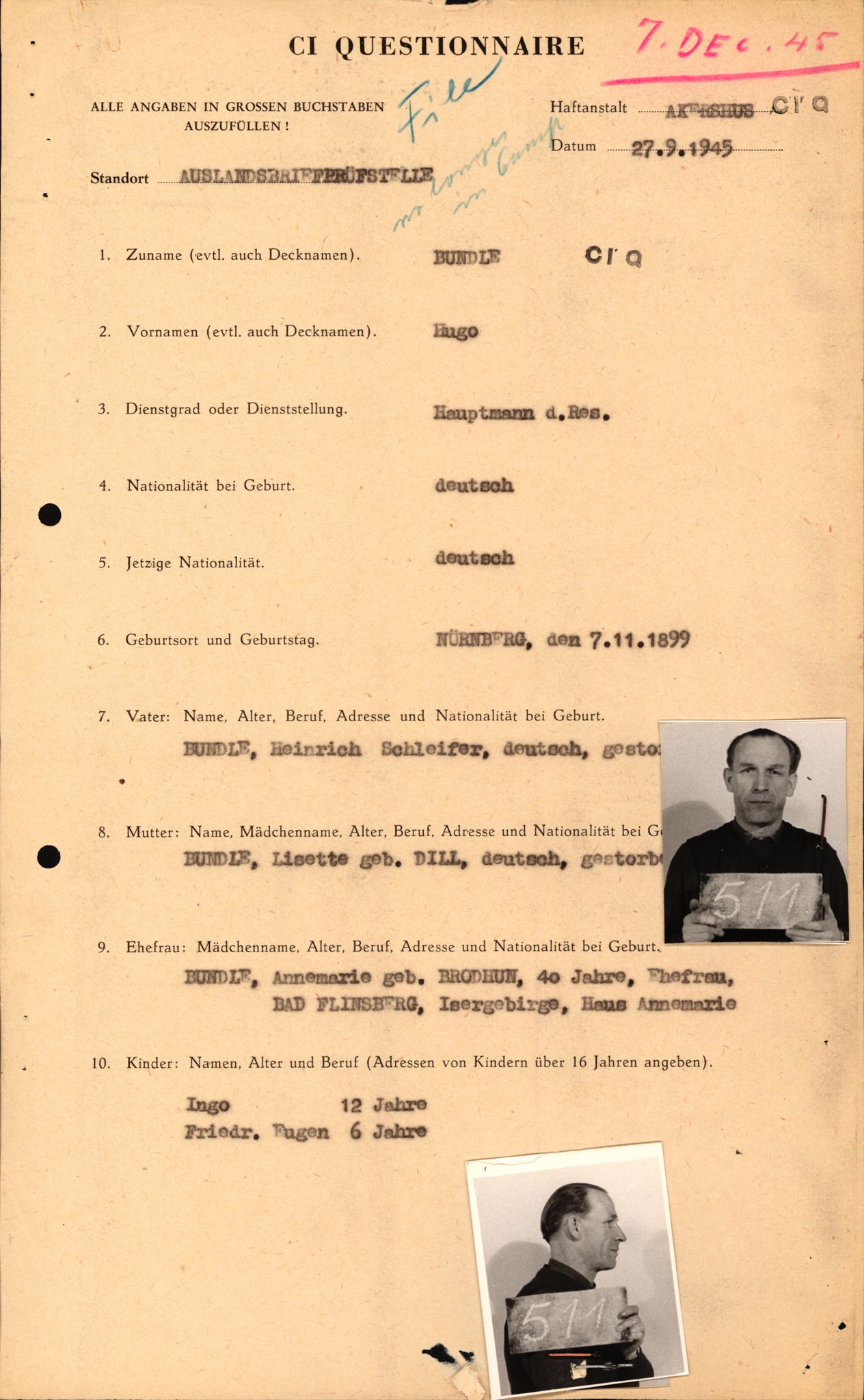 Forsvaret, Forsvarets overkommando II, RA/RAFA-3915/D/Db/L0004: CI Questionaires. Tyske okkupasjonsstyrker i Norge. Tyskere., 1945-1946, p. 475