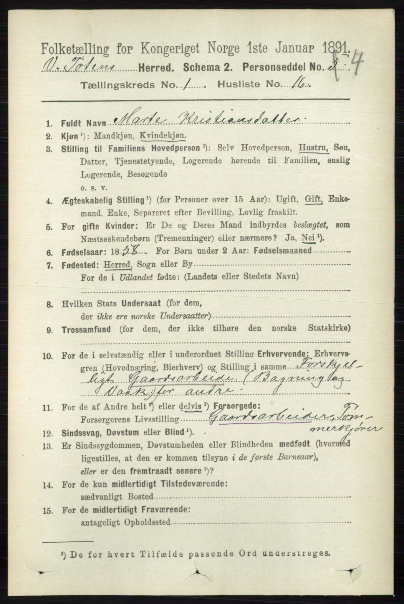 RA, 1891 census for 0529 Vestre Toten, 1891, p. 294