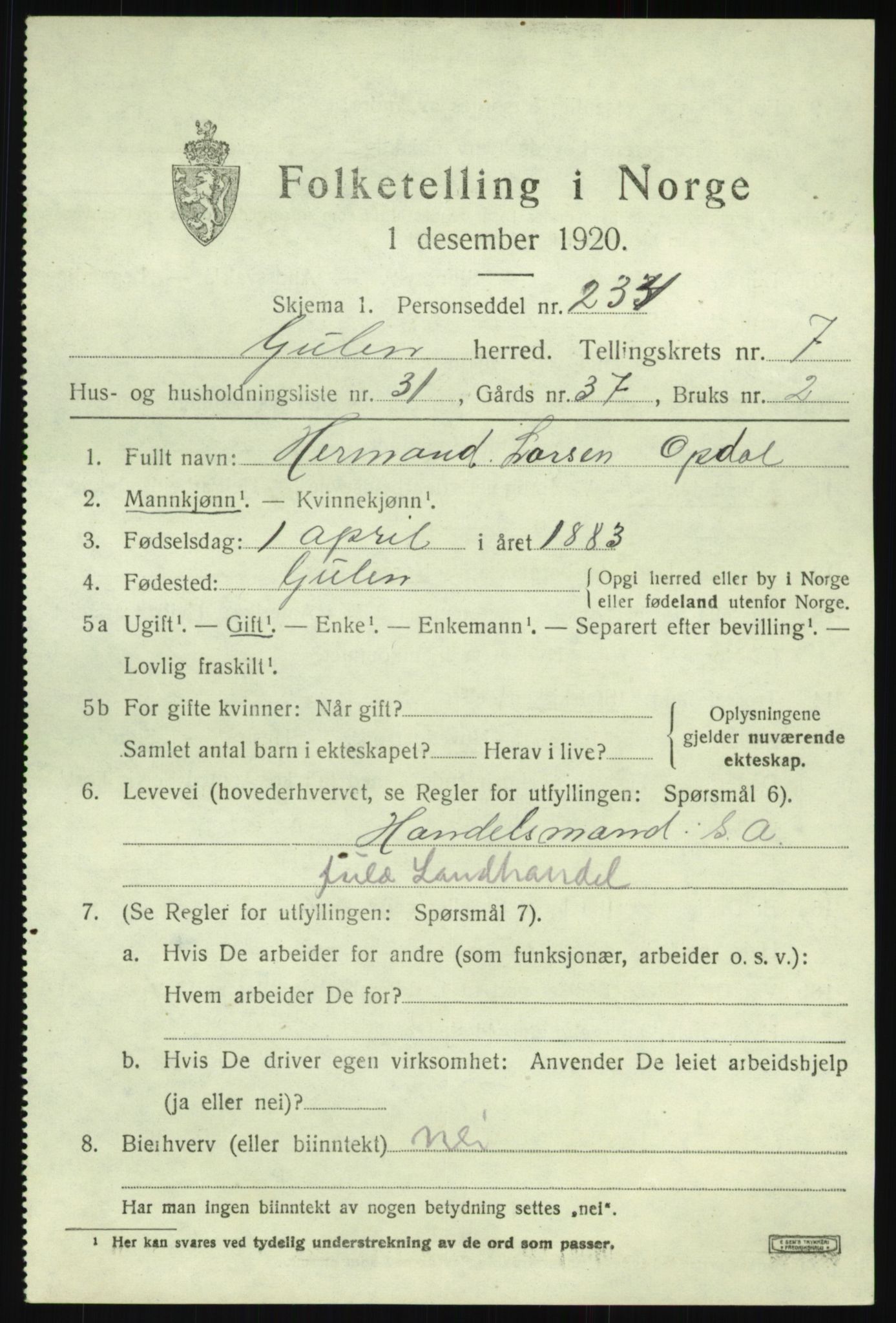 SAB, 1920 census for Gulen, 1920, p. 3459