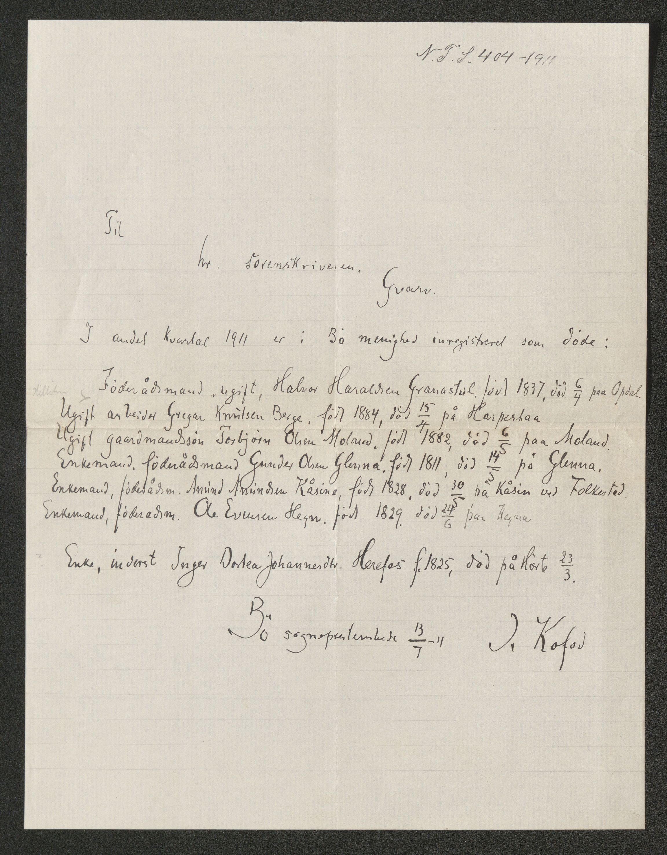 Nedre Telemark sorenskriveri, AV/SAKO-A-135/H/Ha/Hab/L0005: Dødsfallsfortegnelser
, 1911-1916, p. 13