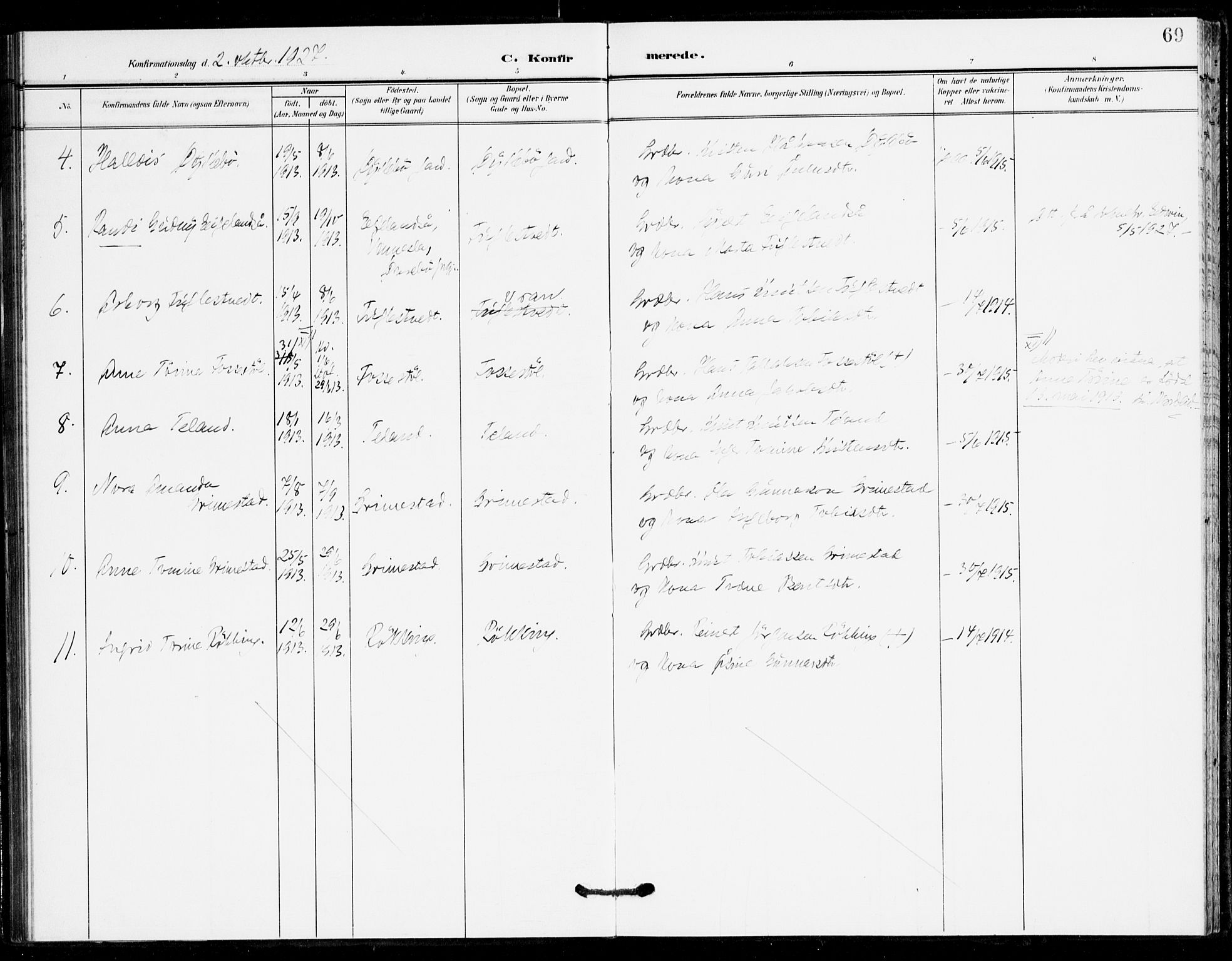 Holum sokneprestkontor, AV/SAK-1111-0022/F/Fa/Fac/L0005: Parish register (official) no. A 5, 1908-1930, p. 69