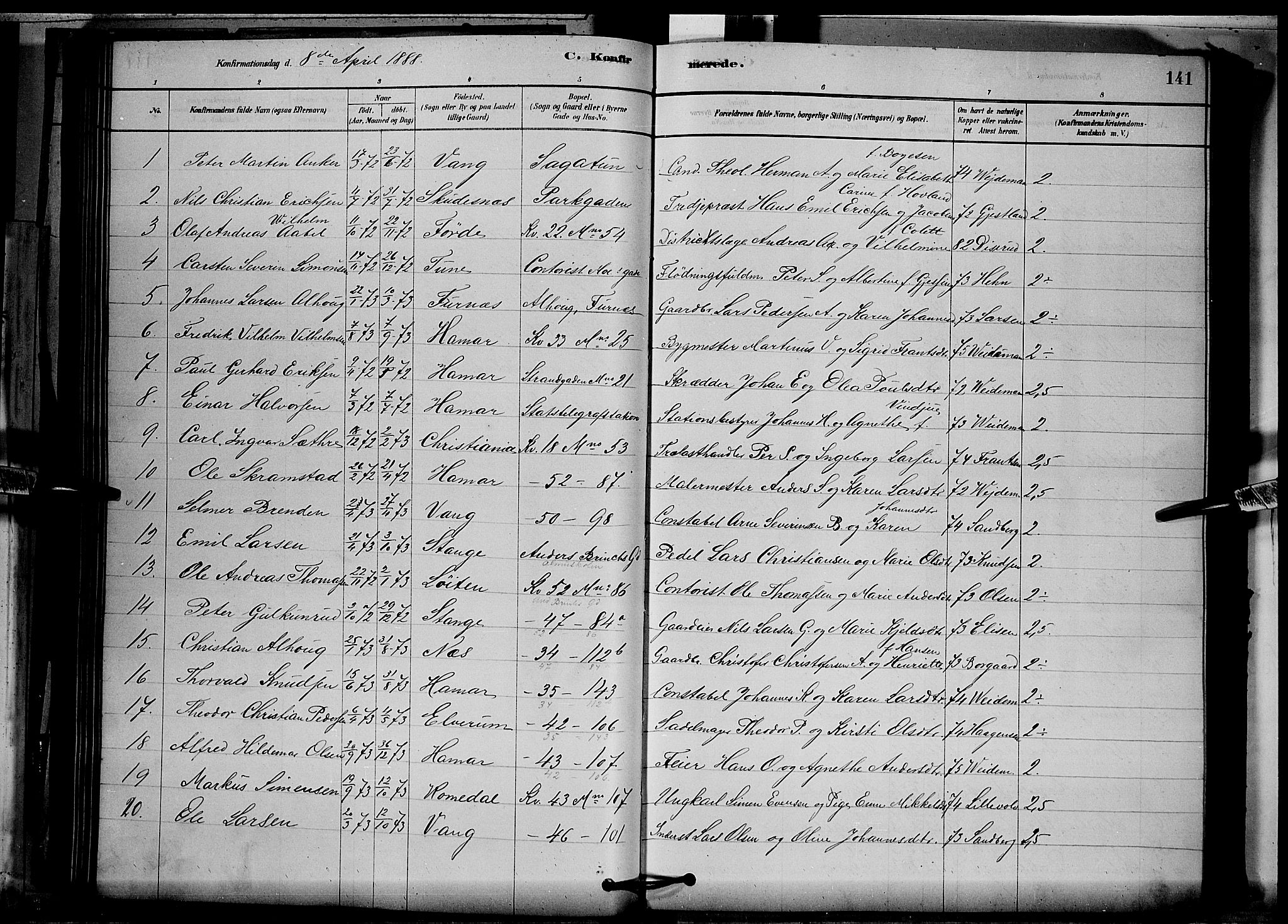 Vang prestekontor, Hedmark, SAH/PREST-008/H/Ha/Hab/L0012: Parish register (copy) no. 12, 1878-1889, p. 141