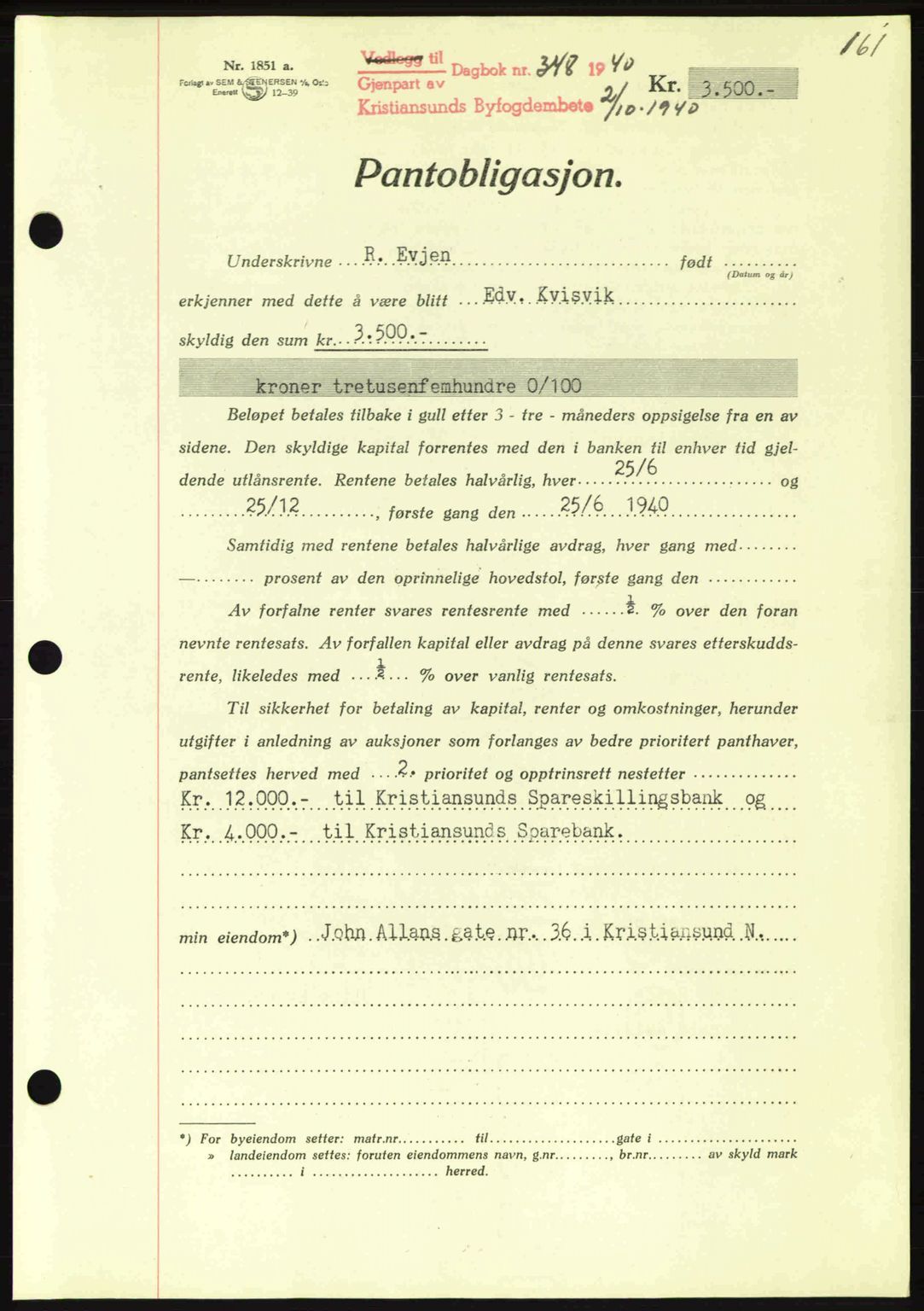 Kristiansund byfogd, AV/SAT-A-4587/A/27: Mortgage book no. 33, 1939-1941, Diary no: : 348/1940