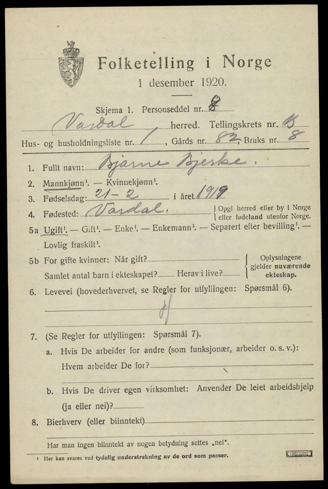 SAH, 1920 census for Vardal, 1920, p. 13811