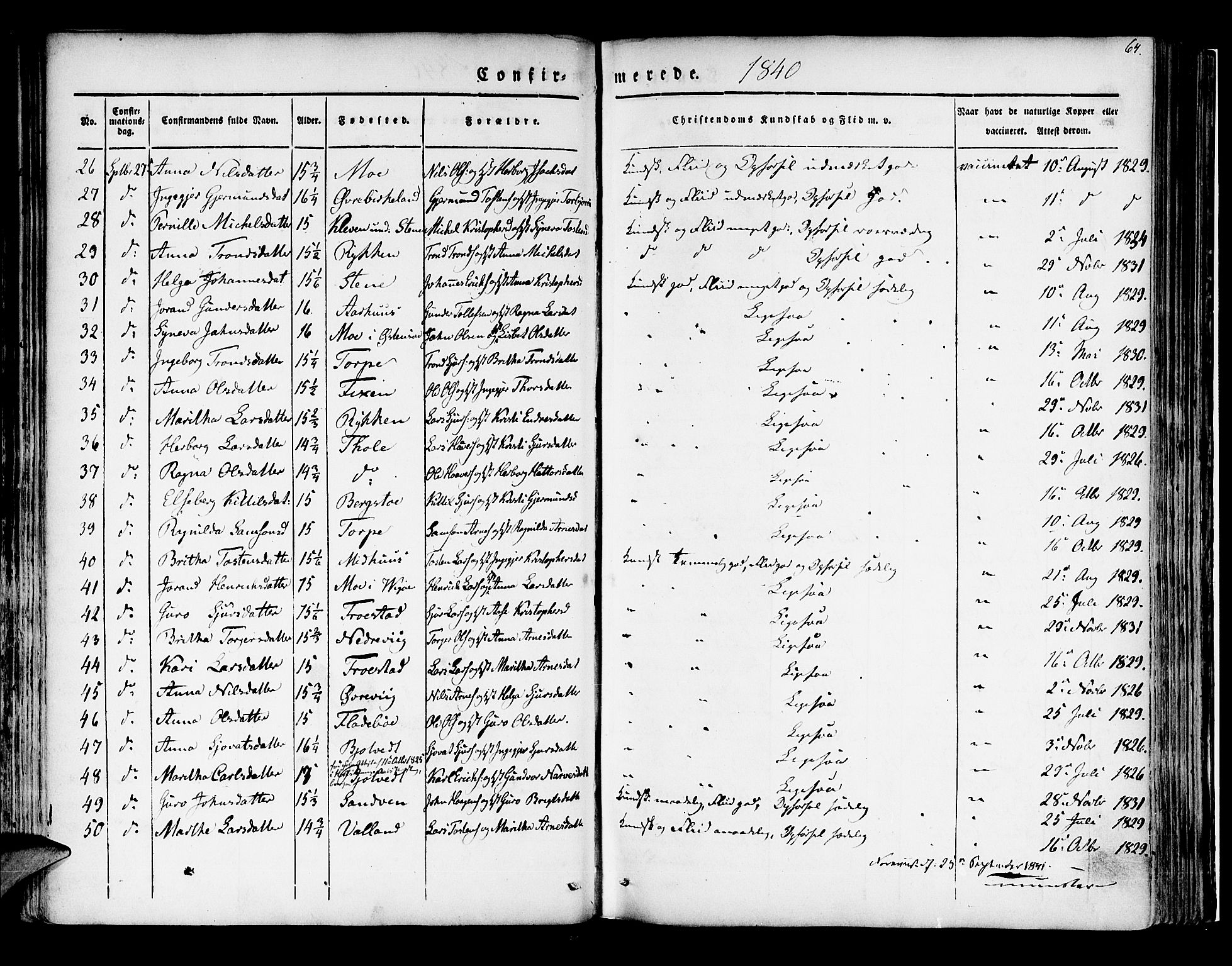 Kvam sokneprestembete, AV/SAB-A-76201/H/Haa: Parish register (official) no. A 7, 1832-1843, p. 64