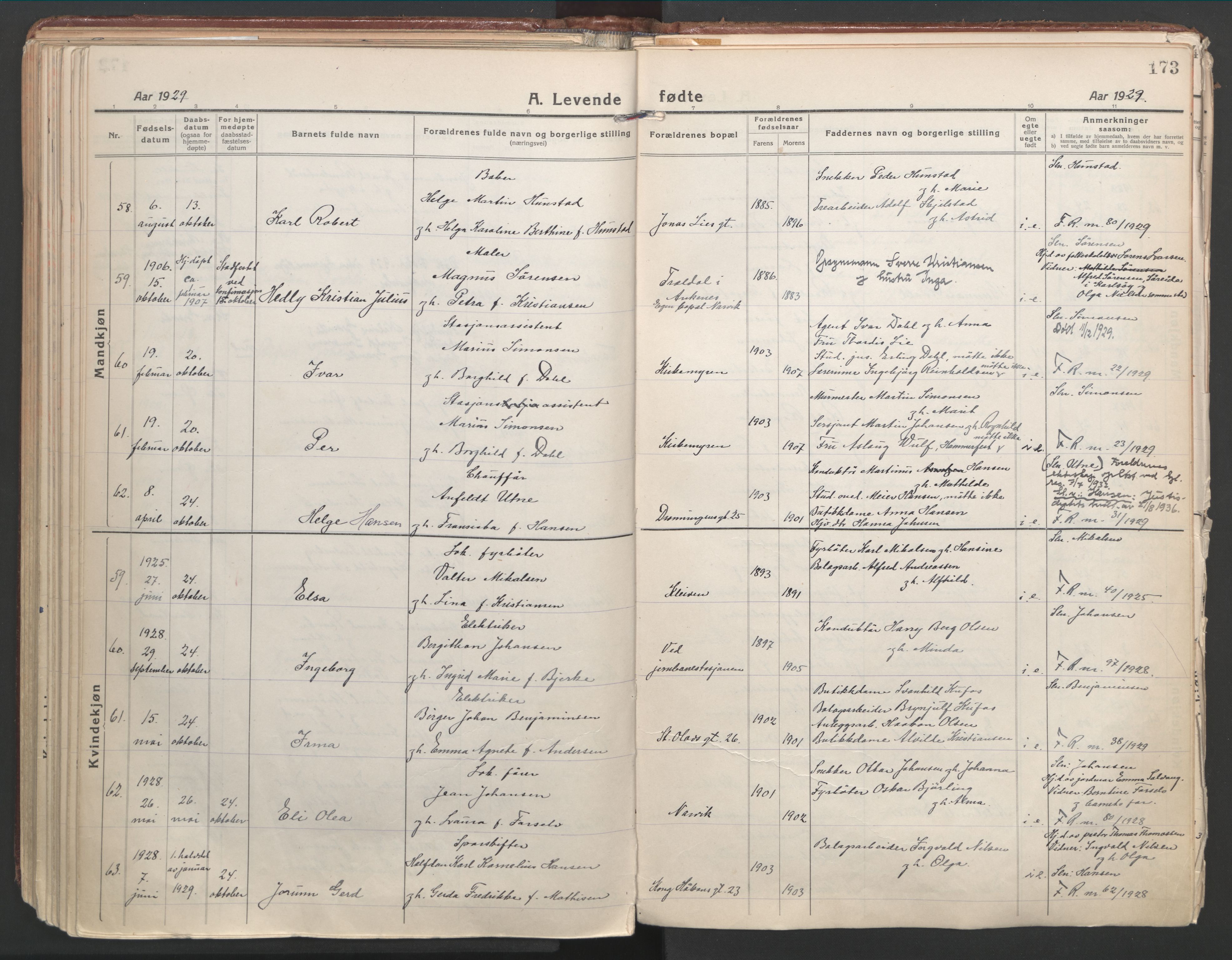 Ministerialprotokoller, klokkerbøker og fødselsregistre - Nordland, AV/SAT-A-1459/871/L1003: Parish register (official) no. 871A19, 1921-1930, p. 173