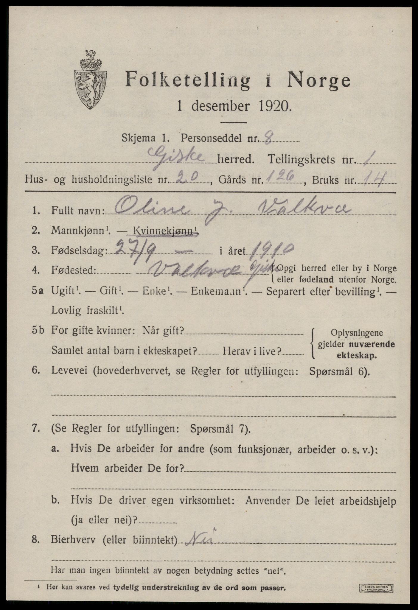 SAT, 1920 census for Giske, 1920, p. 858