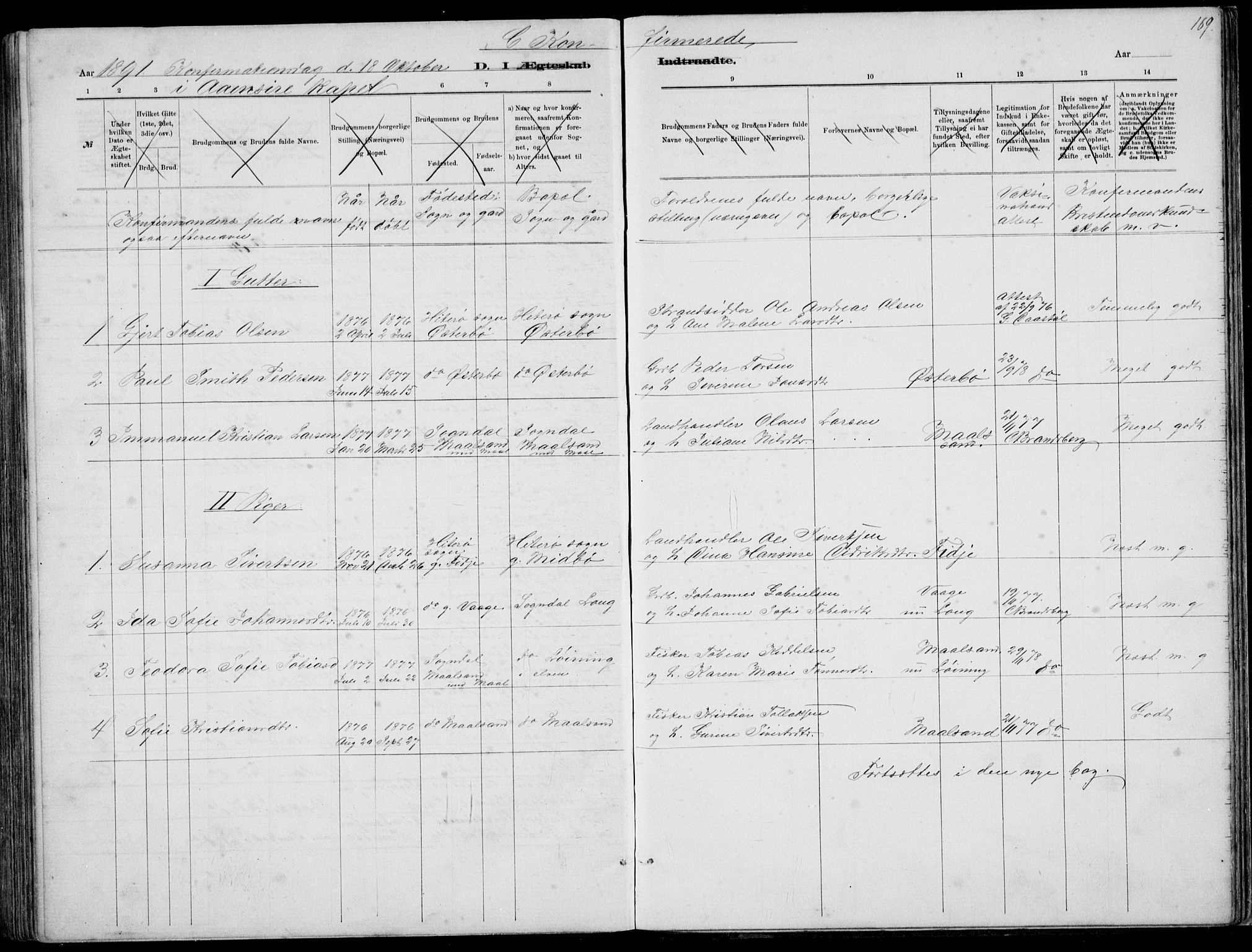 Sokndal sokneprestkontor, AV/SAST-A-101808: Parish register (copy) no. B 4, 1880-1891, p. 189