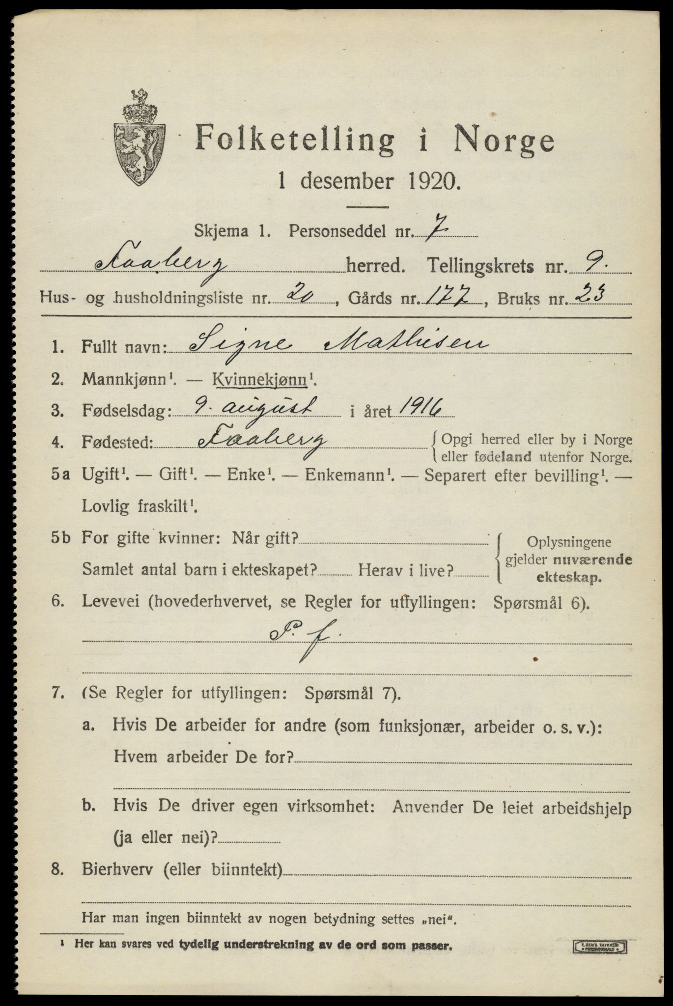 SAH, 1920 census for Fåberg, 1920, p. 10270