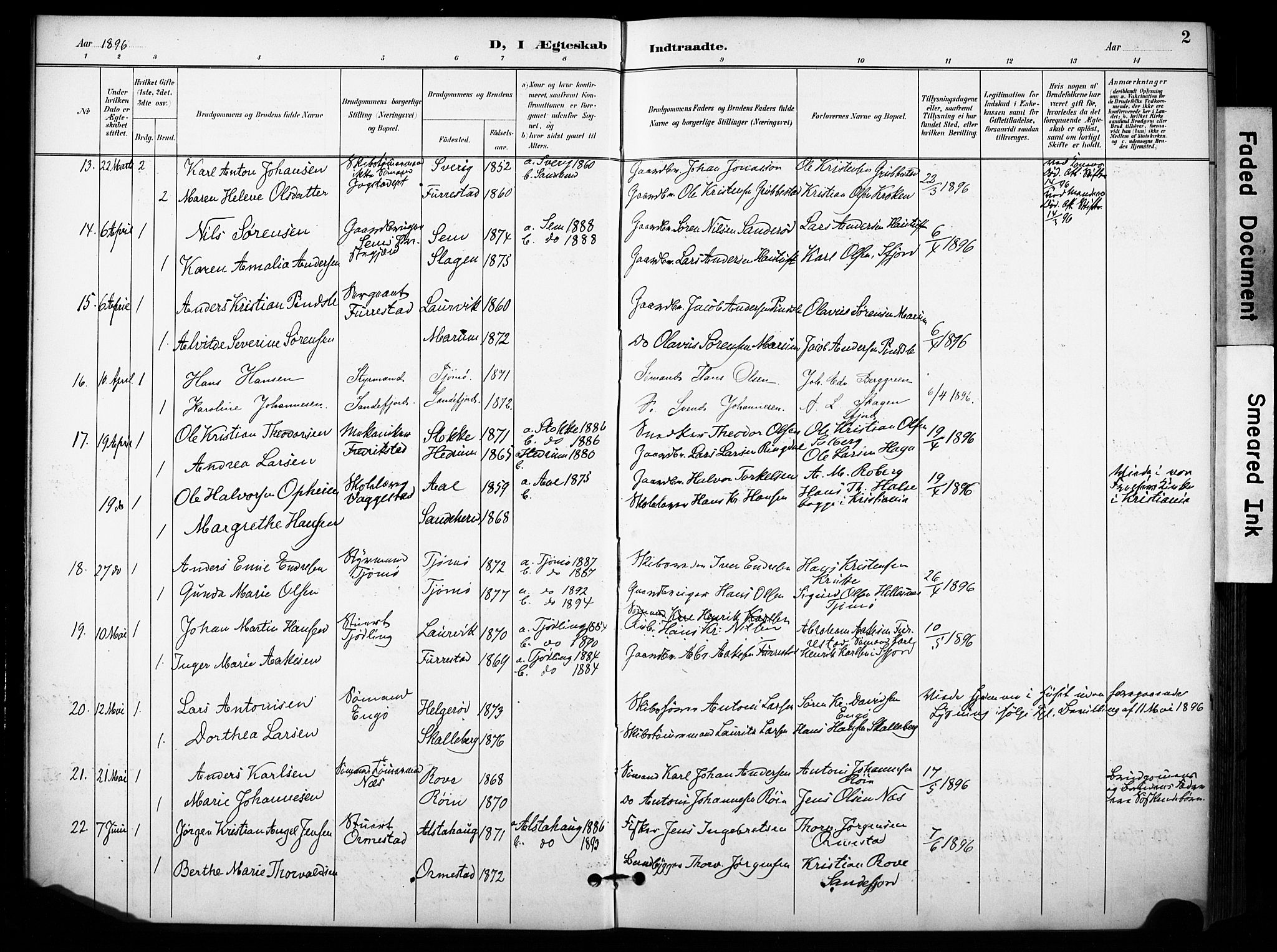 Sandar kirkebøker, AV/SAKO-A-243/F/Fa/L0015: Parish register (official) no. 15, 1896-1907, p. 2