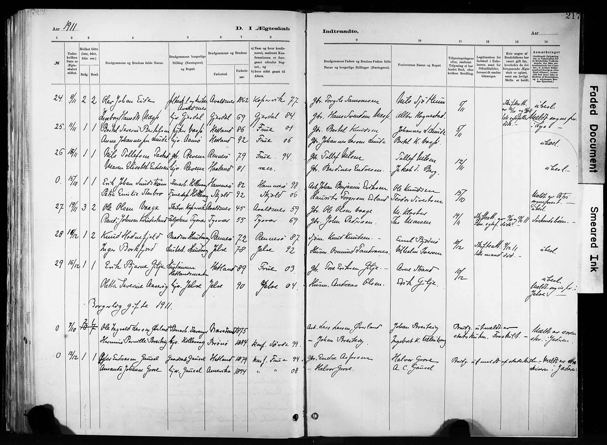 Hetland sokneprestkontor, SAST/A-101826/30/30BA/L0011: Parish register (official) no. A 11, 1884-1911, p. 217