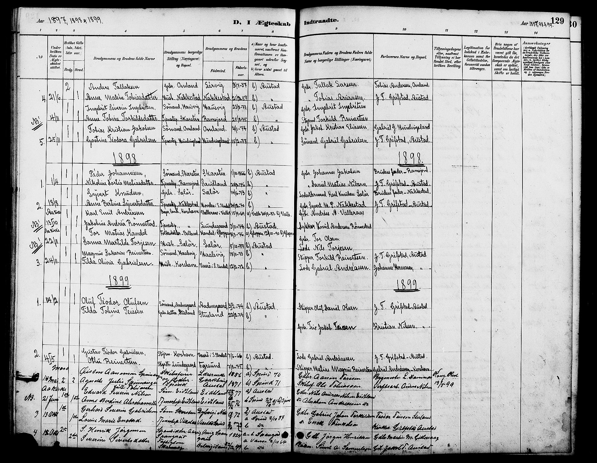 Lyngdal sokneprestkontor, SAK/1111-0029/F/Fb/Fba/L0003: Parish register (copy) no. B 3, 1886-1903, p. 129