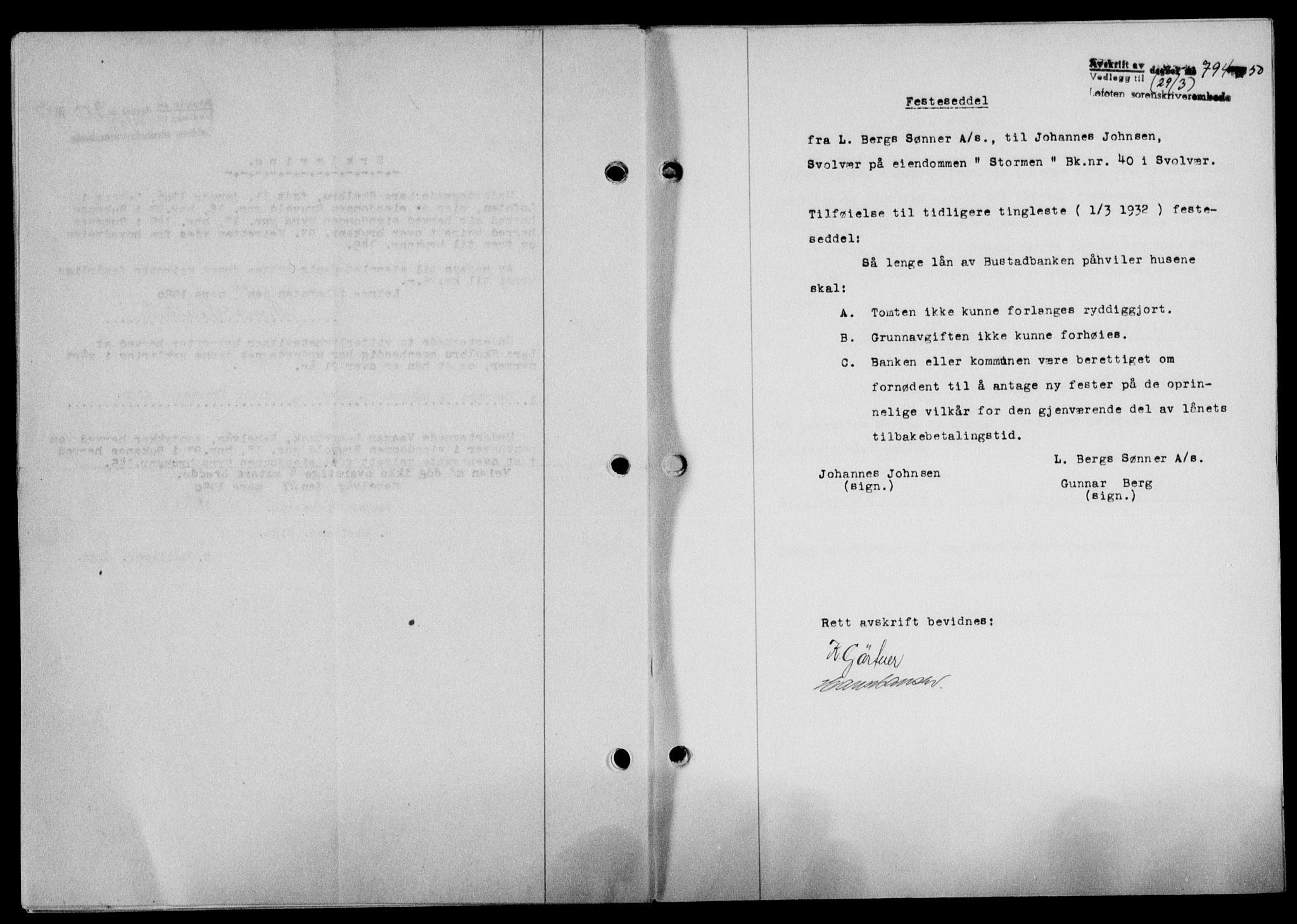 Lofoten sorenskriveri, SAT/A-0017/1/2/2C/L0023a: Mortgage book no. 23a, 1950-1950, Diary no: : 794/1950