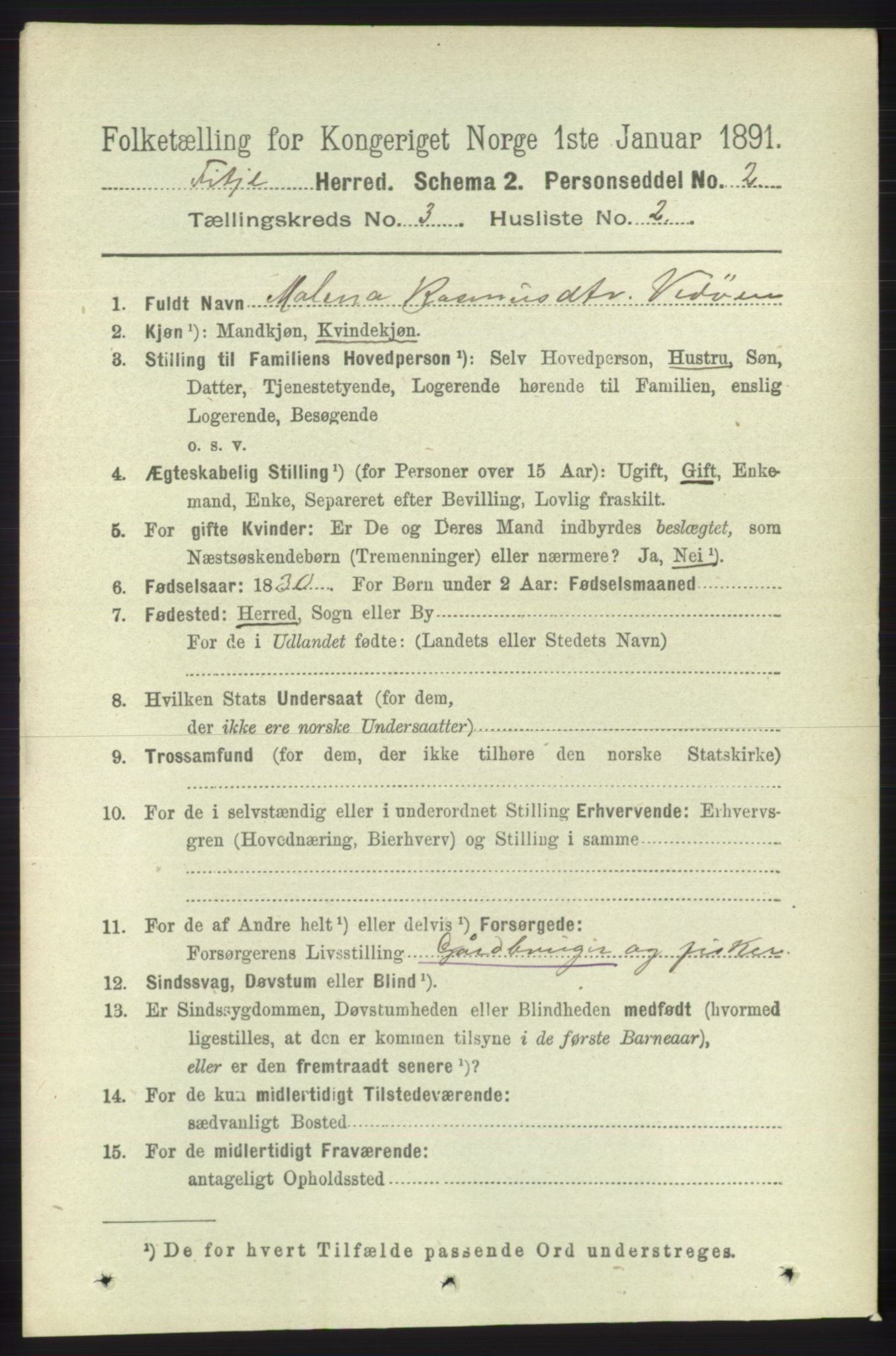 RA, 1891 census for 1222 Fitjar, 1891, p. 1020