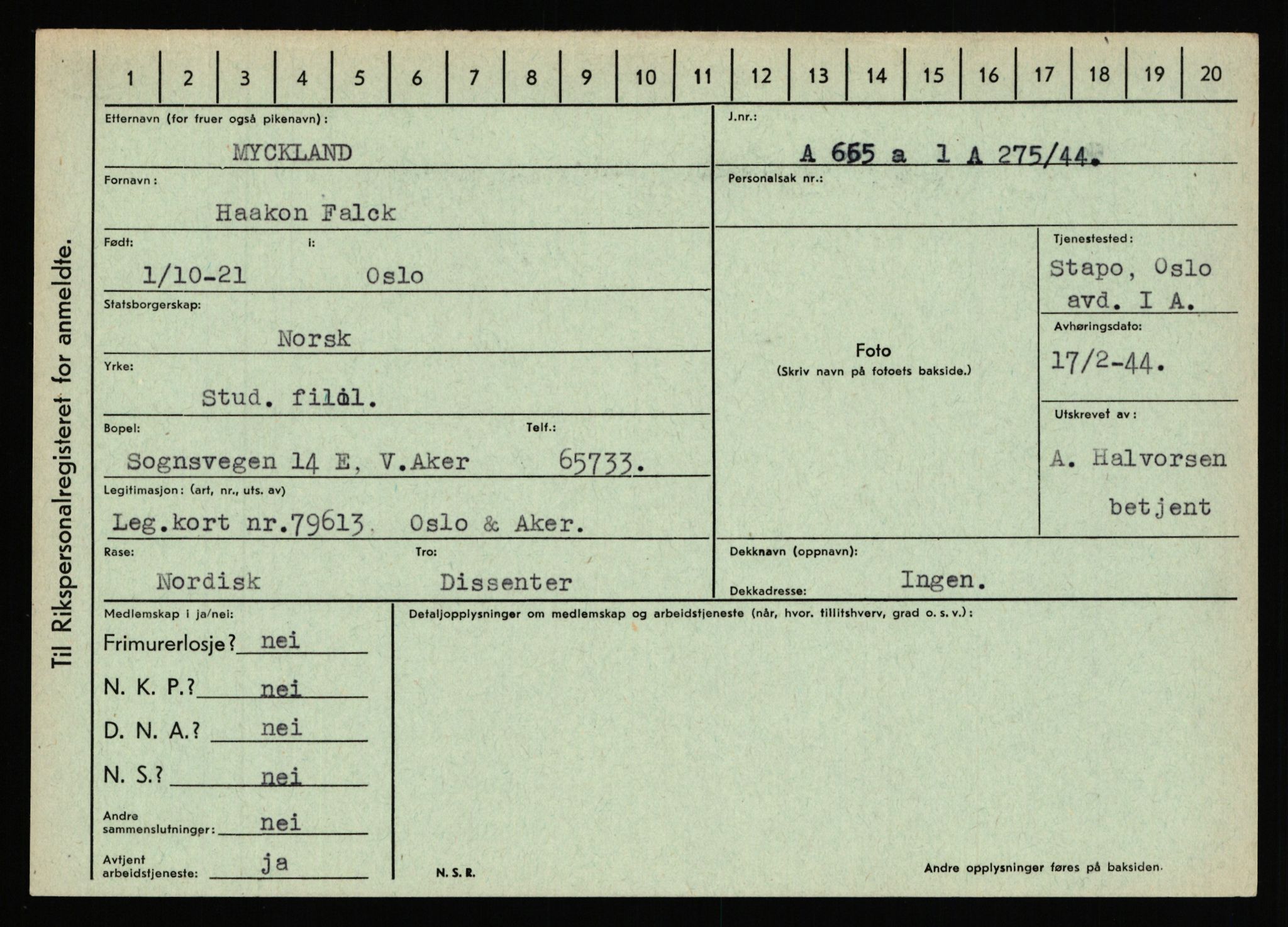 Statspolitiet - Hovedkontoret / Osloavdelingen, AV/RA-S-1329/C/Ca/L0011: Molberg - Nøstvold, 1943-1945, p. 454