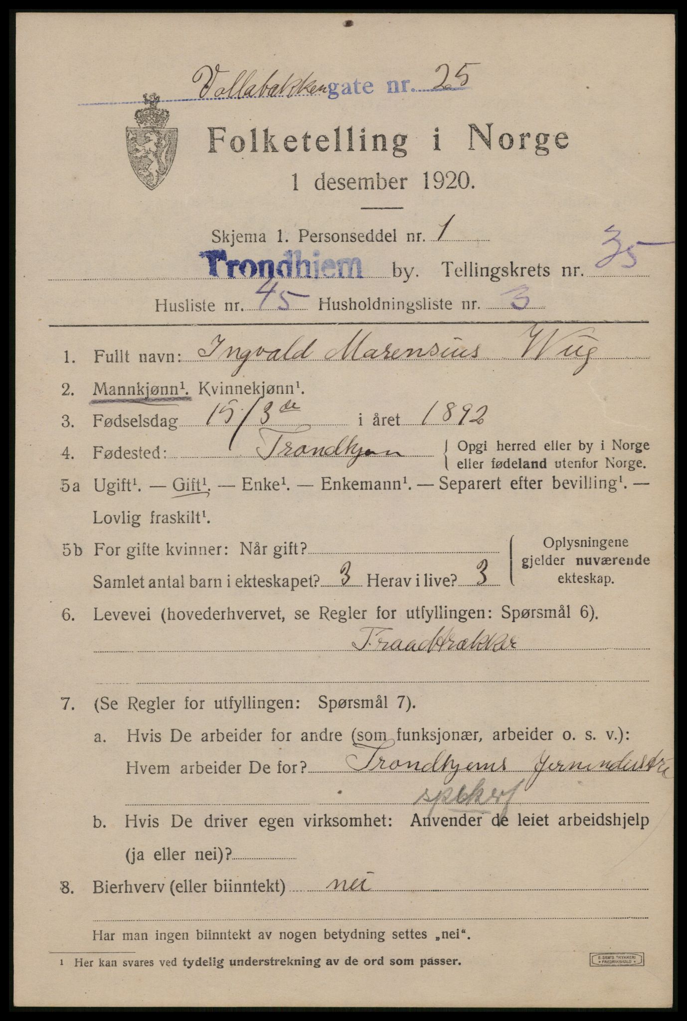 SAT, 1920 census for Trondheim, 1920, p. 82532