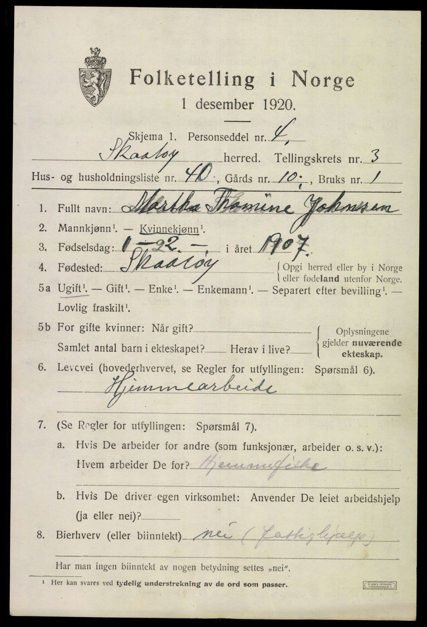 SAKO, 1920 census for Skåtøy, 1920, p. 3124