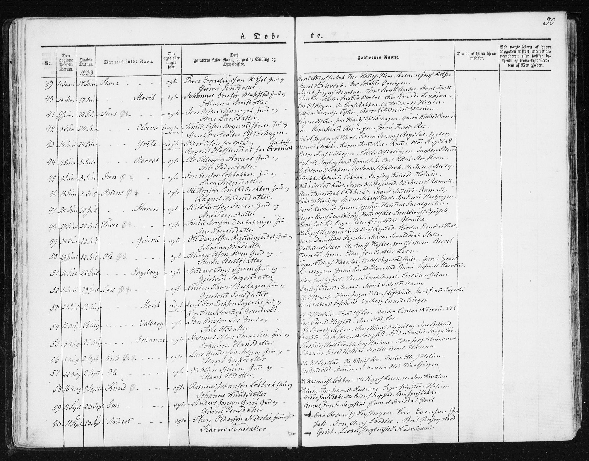Ministerialprotokoller, klokkerbøker og fødselsregistre - Sør-Trøndelag, SAT/A-1456/672/L0855: Parish register (official) no. 672A07, 1829-1860, p. 30