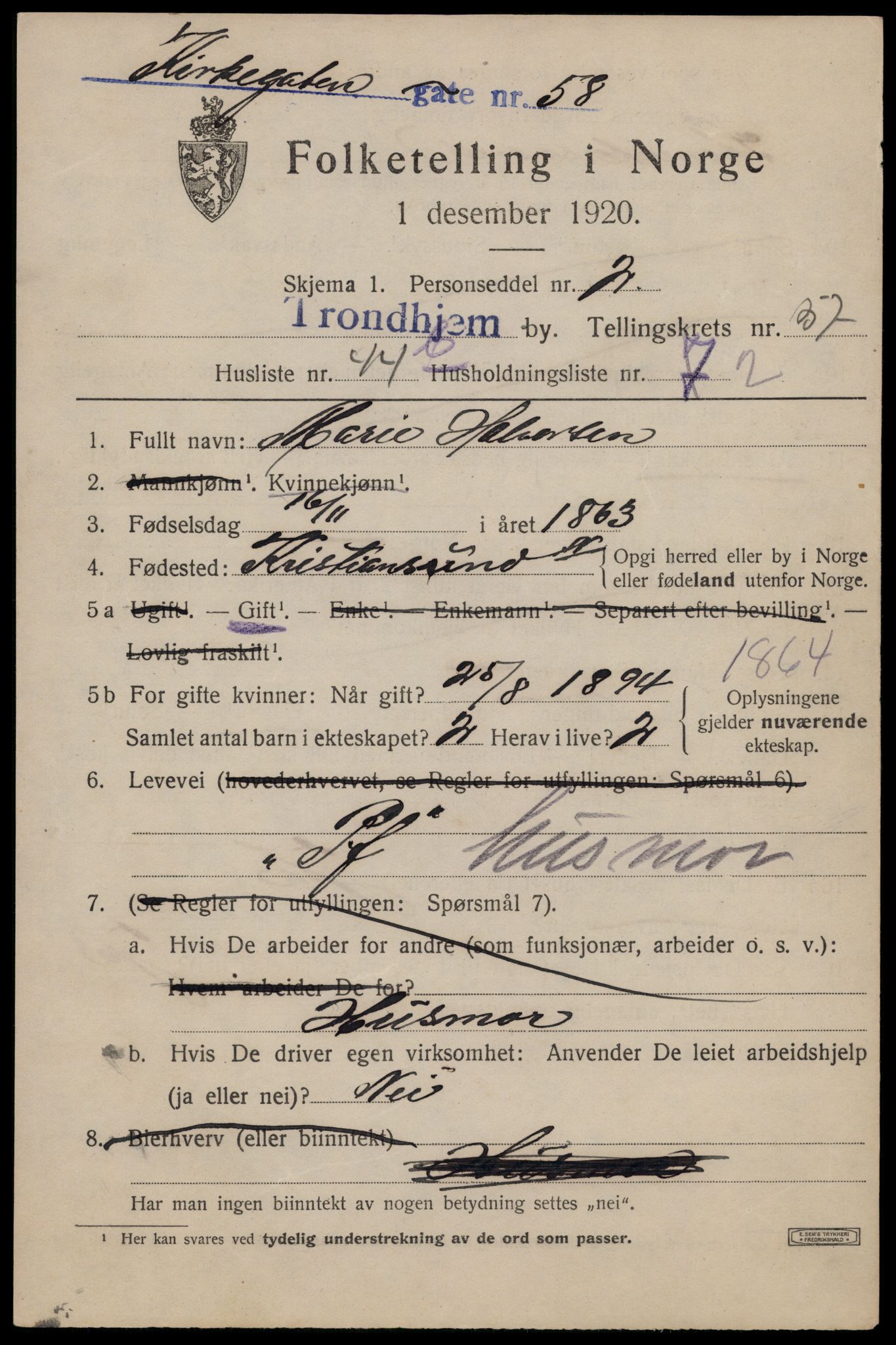 SAT, 1920 census for Trondheim, 1920, p. 117438